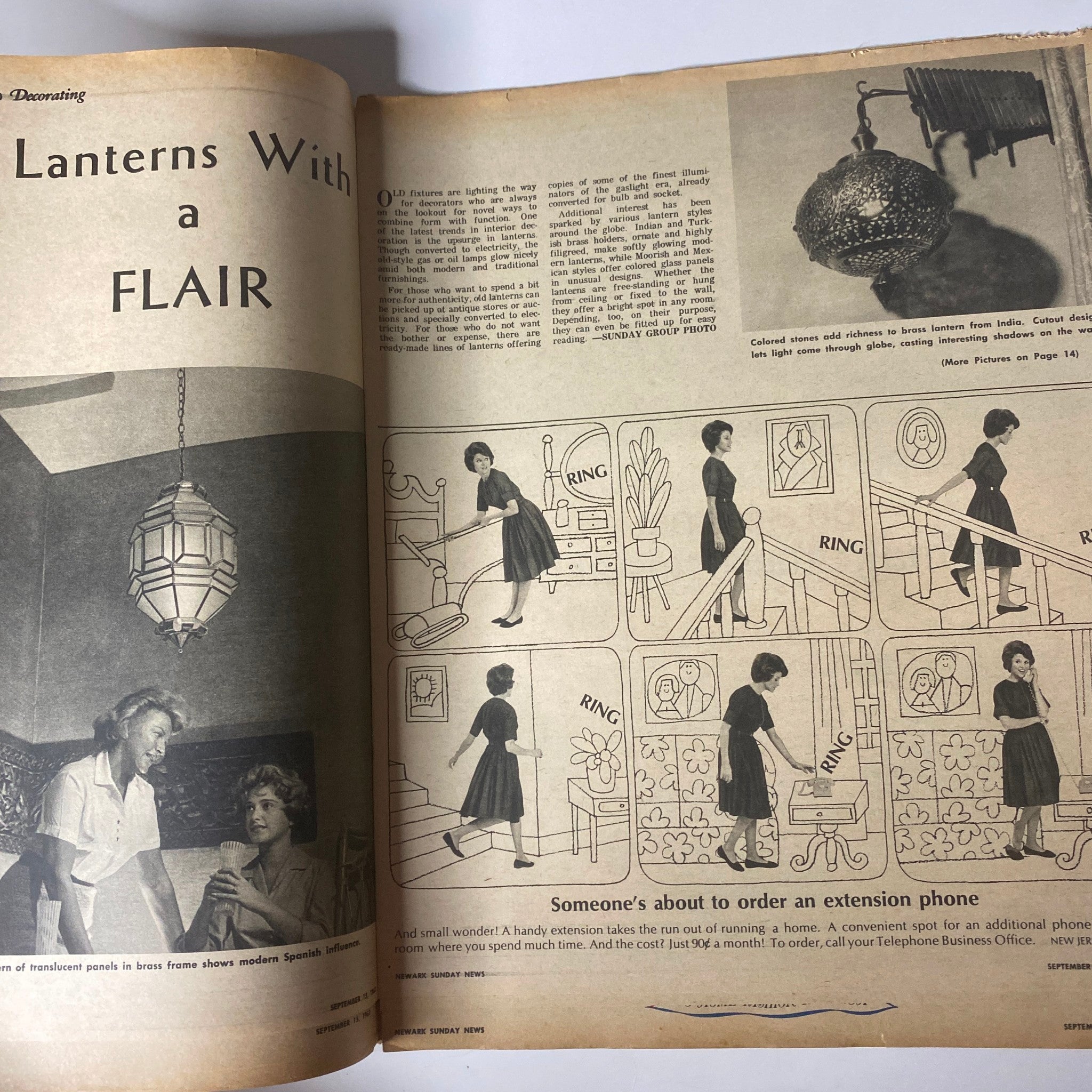 An interior design feature titled 'Lanterns With a Flair' from the Sunday Newark News Magazine September 15, 1963, showcasing decorative lantern lighting options for homes.