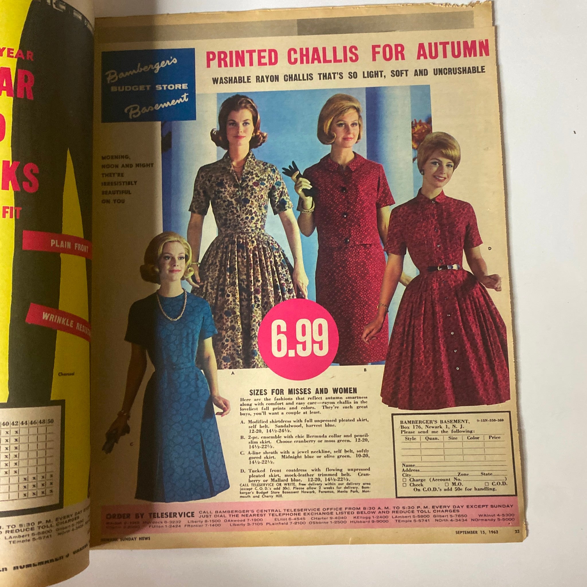 A vintage advertisement for 'Printed Challis for Autumn' in the Sunday Newark News Magazine September 15, 1963, featuring fashionable dresses available for $6.99.