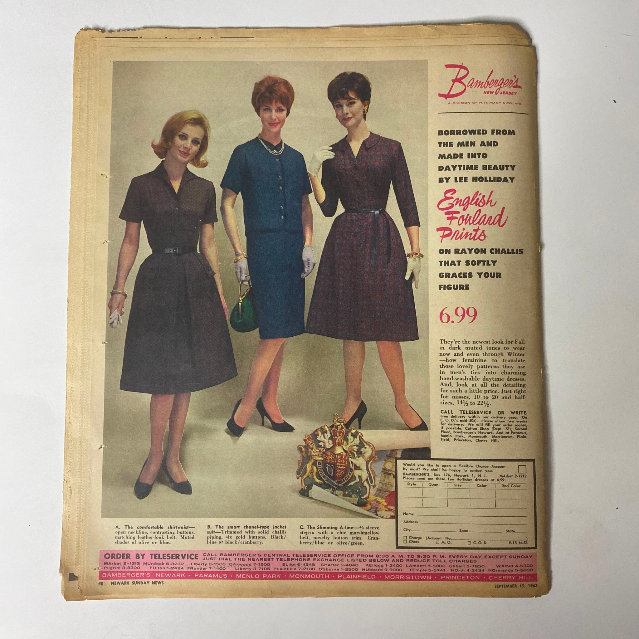 Another vintage advertisement from the Sunday Newark News Magazine September 15, 1963, promoting 'English Standard Prints' on rayon challis dresses, highlighted for their stylish appeal.