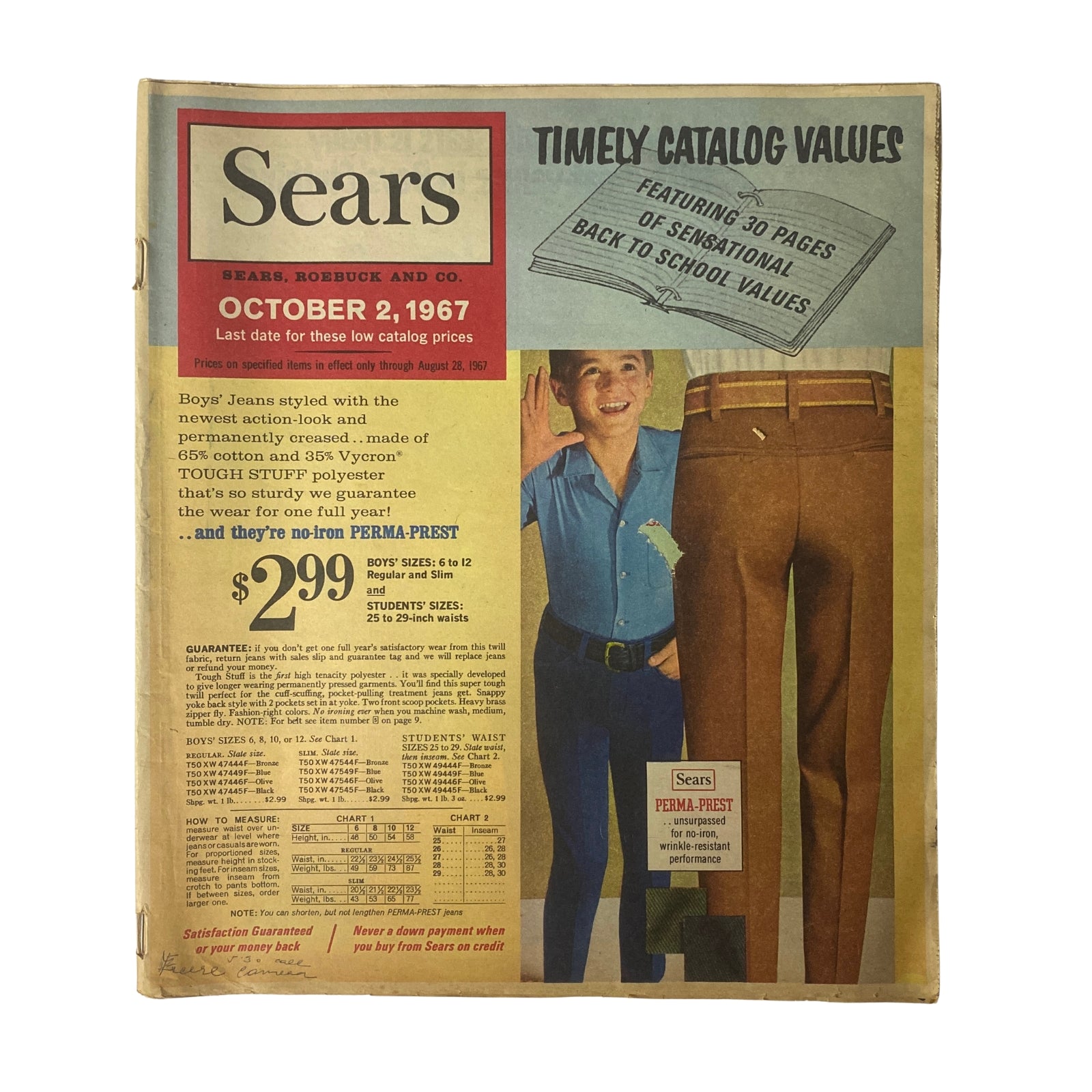 1967 Sears Timely Back To School Catalog cover showcasing a young boy in a stylish outfit, promoting affordable boys' jeans and featuring catalog details. Ideal for mid-century American fashion enthusiasts.