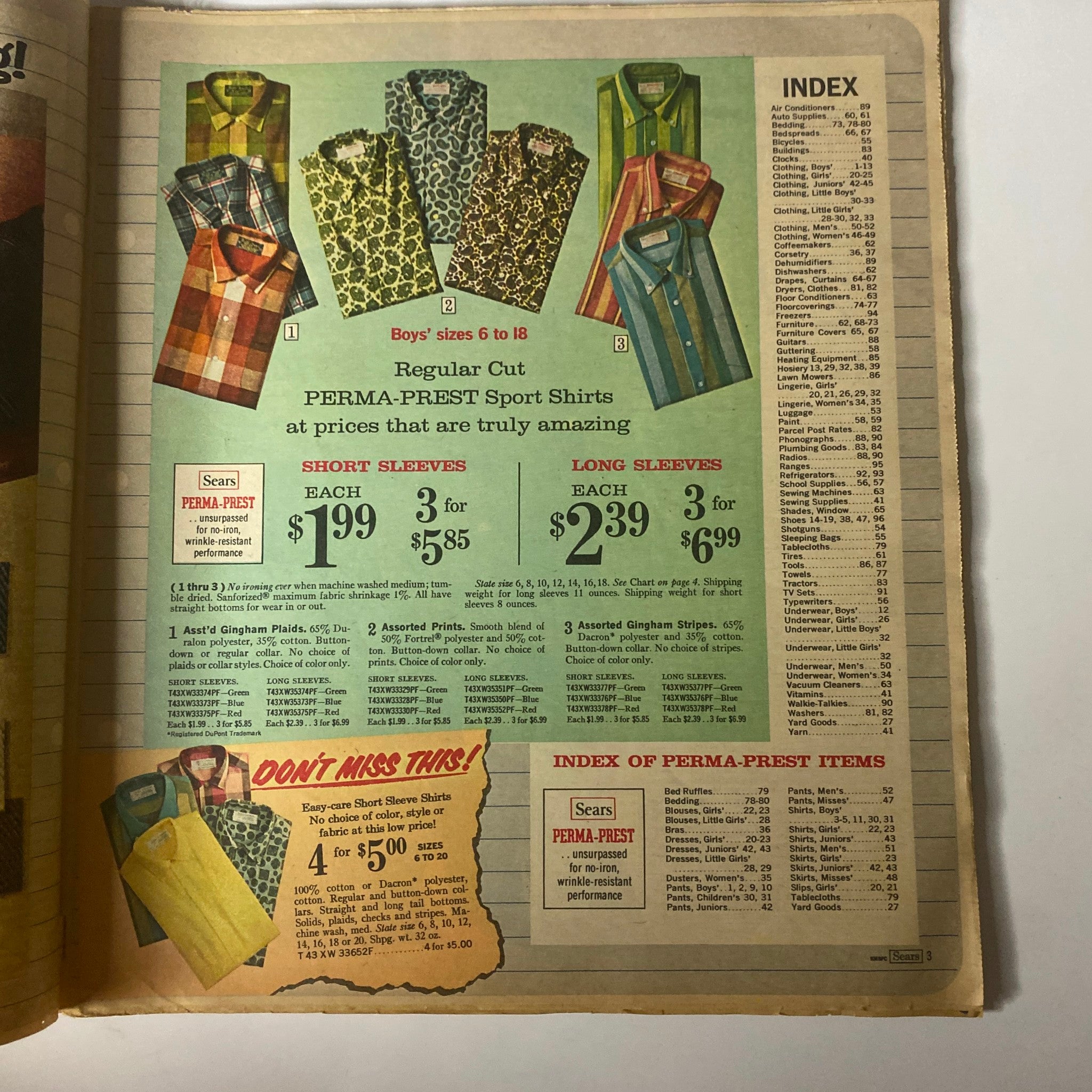 Inside page of the 1967 Sears Timely Back To School Catalog displaying a variety of colorful PERMA-PREST sport shirts for boys, with price listings and detailed product descriptions, capturing the essence of 1960s fashion.