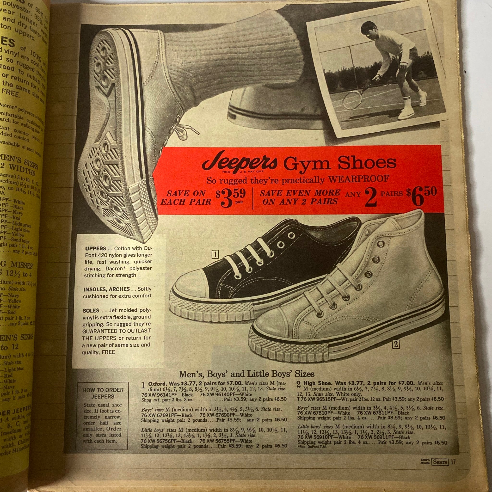1967 Sears Timely Back To School Catalog displaying sturdy Jeepers gym shoes, showing multiple styles and price options for men, boys, and little boys.