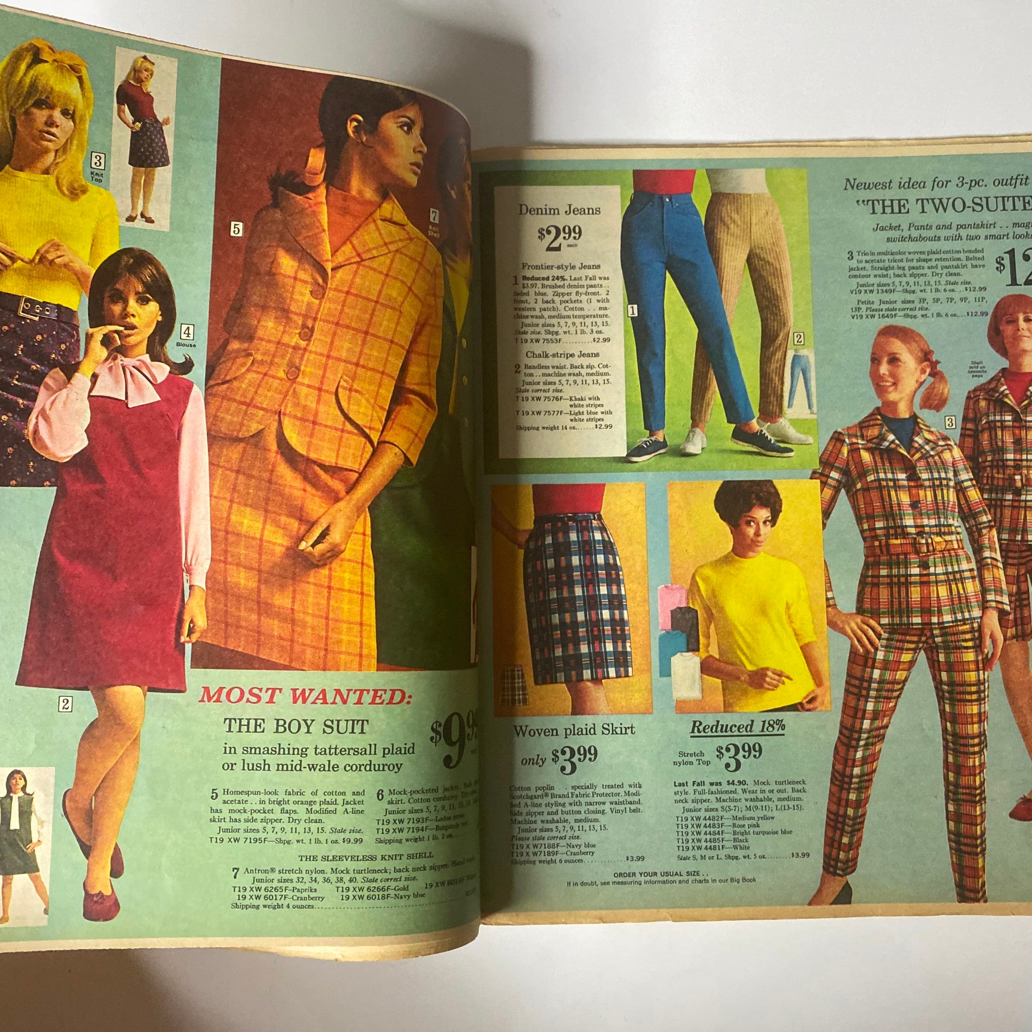 1967 Sears Timely Back To School Catalog featuring a collection of stylish outfits for women, including plaid skirts and denim jeans, with pricing details.