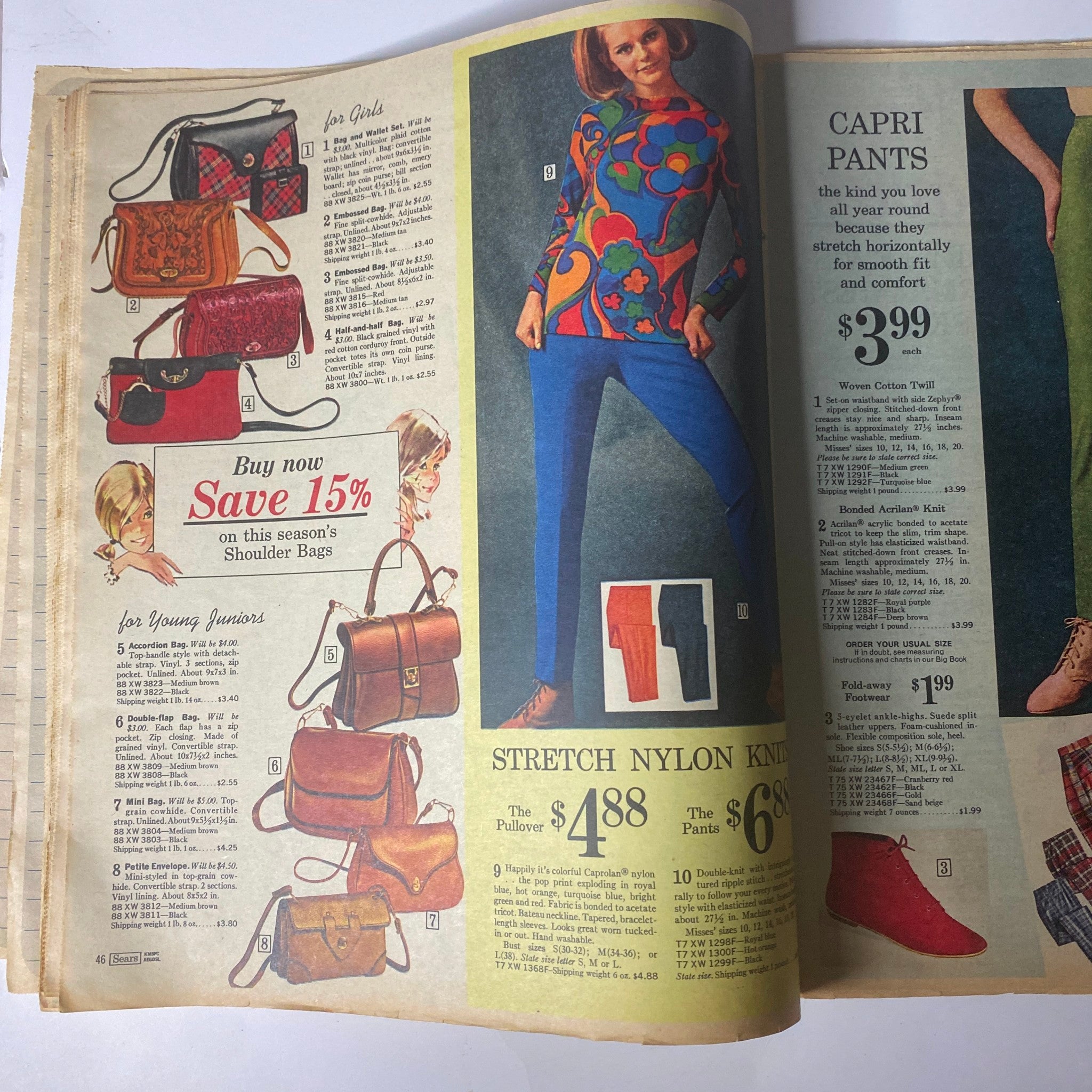 1967 Sears Timely Back To School Catalog highlighting fashionable accessories and clothing for girls and young juniors, including bags and stretch nylon pants with promotional offers.