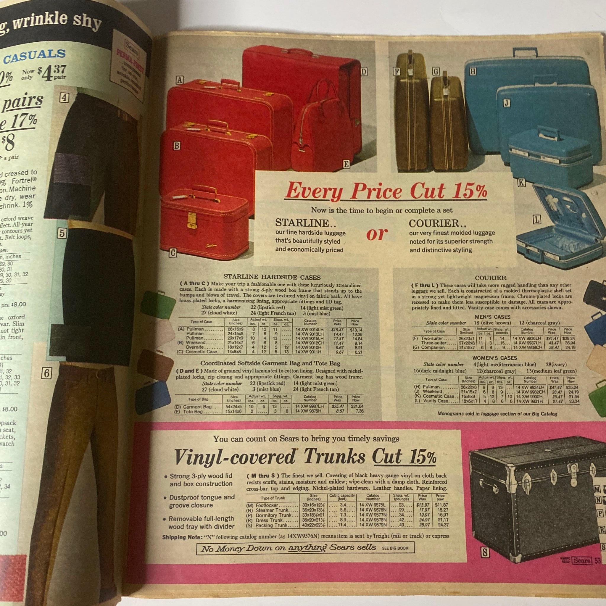 1967 Sears Timely Back To School Catalog showcasing colorful luggage and briefcases with price cuts listed, highlighting vintage American fashion and accessories.