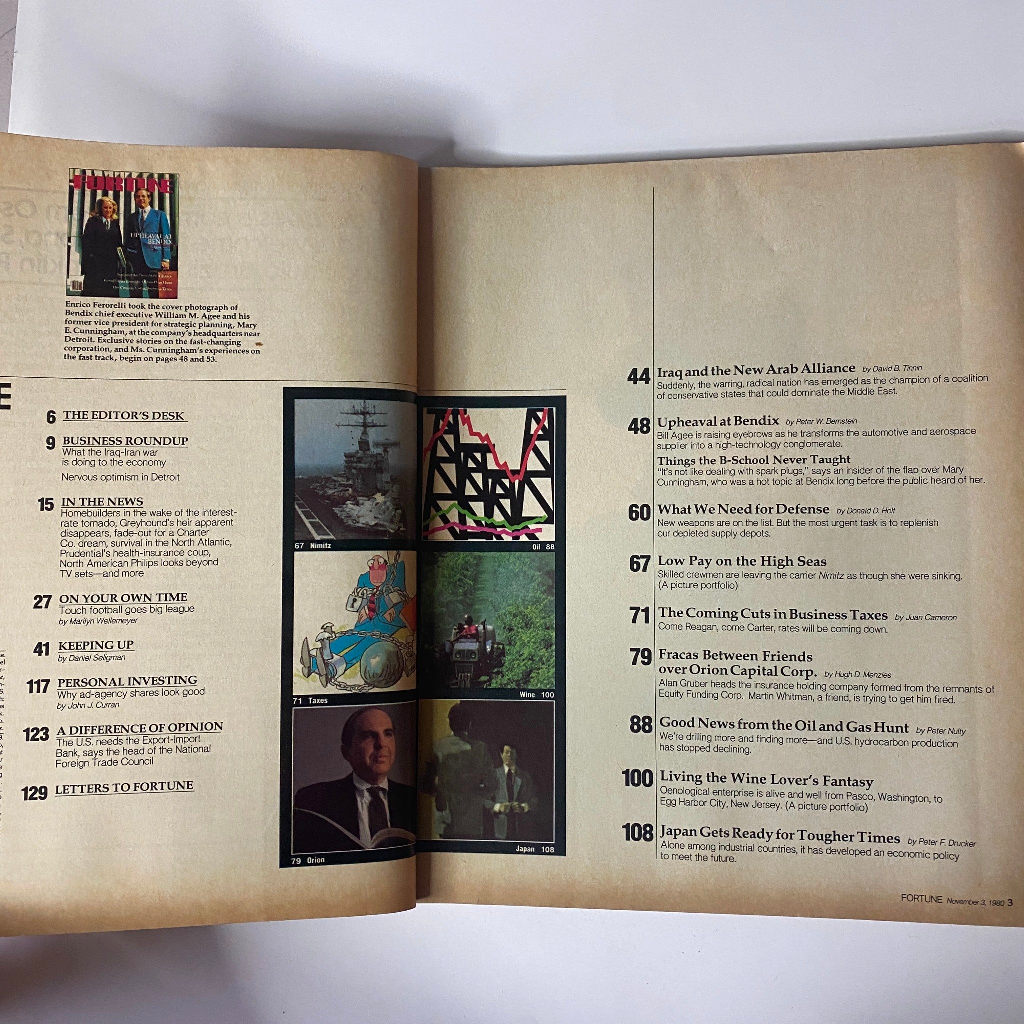 Interior page of Fortune Magazine from November 3, 1980 highlighting the contents of the issue, including articles like 'Upheaval at Bendix', 'Iraq and the New Arab Alliance', and 'Living the Wine Lover’s Fantasy'.