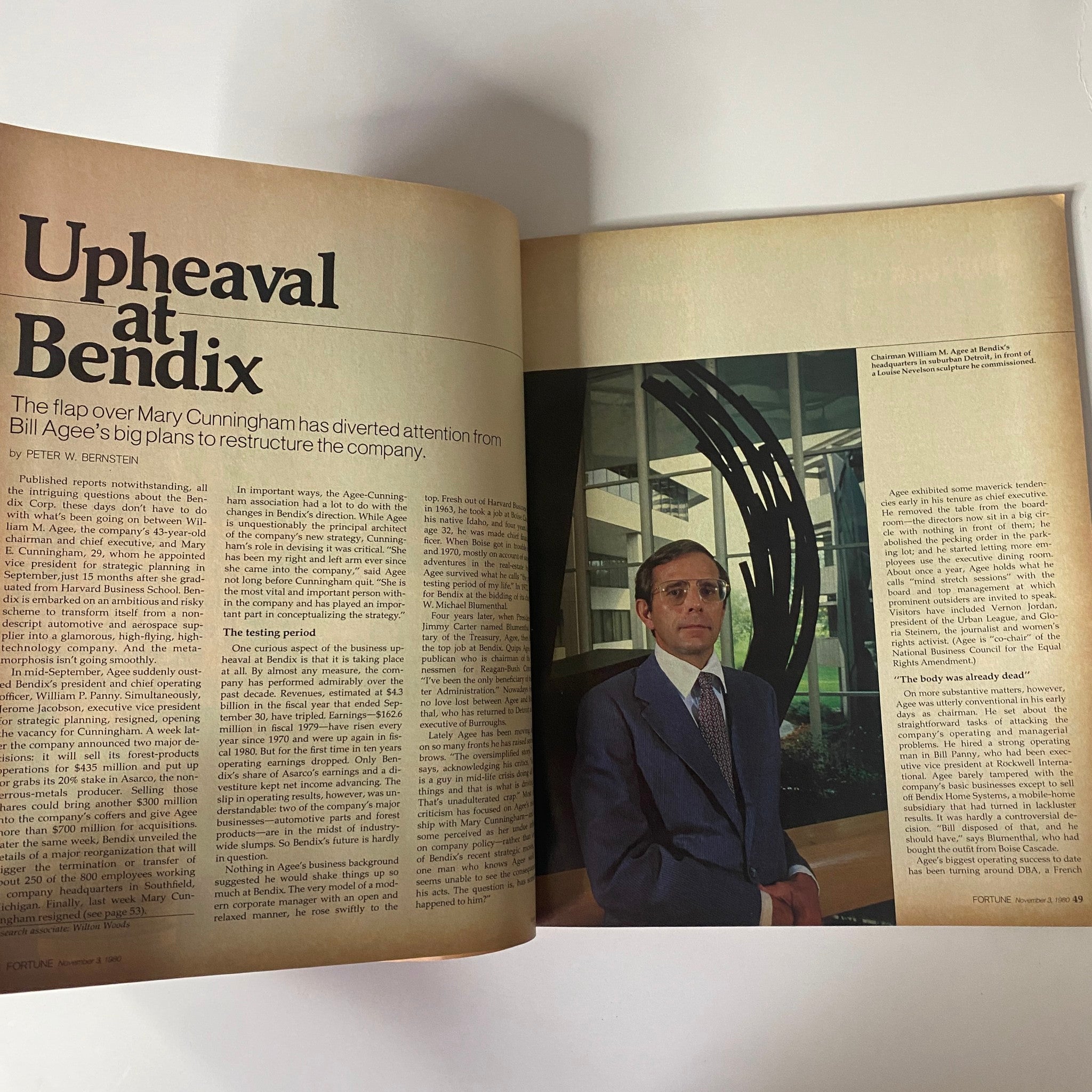 Fortune Magazine interior spread featuring the article 'Upheaval at Bendix', detailing the challenges faced by Bill Agee as he restructures the Bendix company with a photograph of him in a professional setting.
