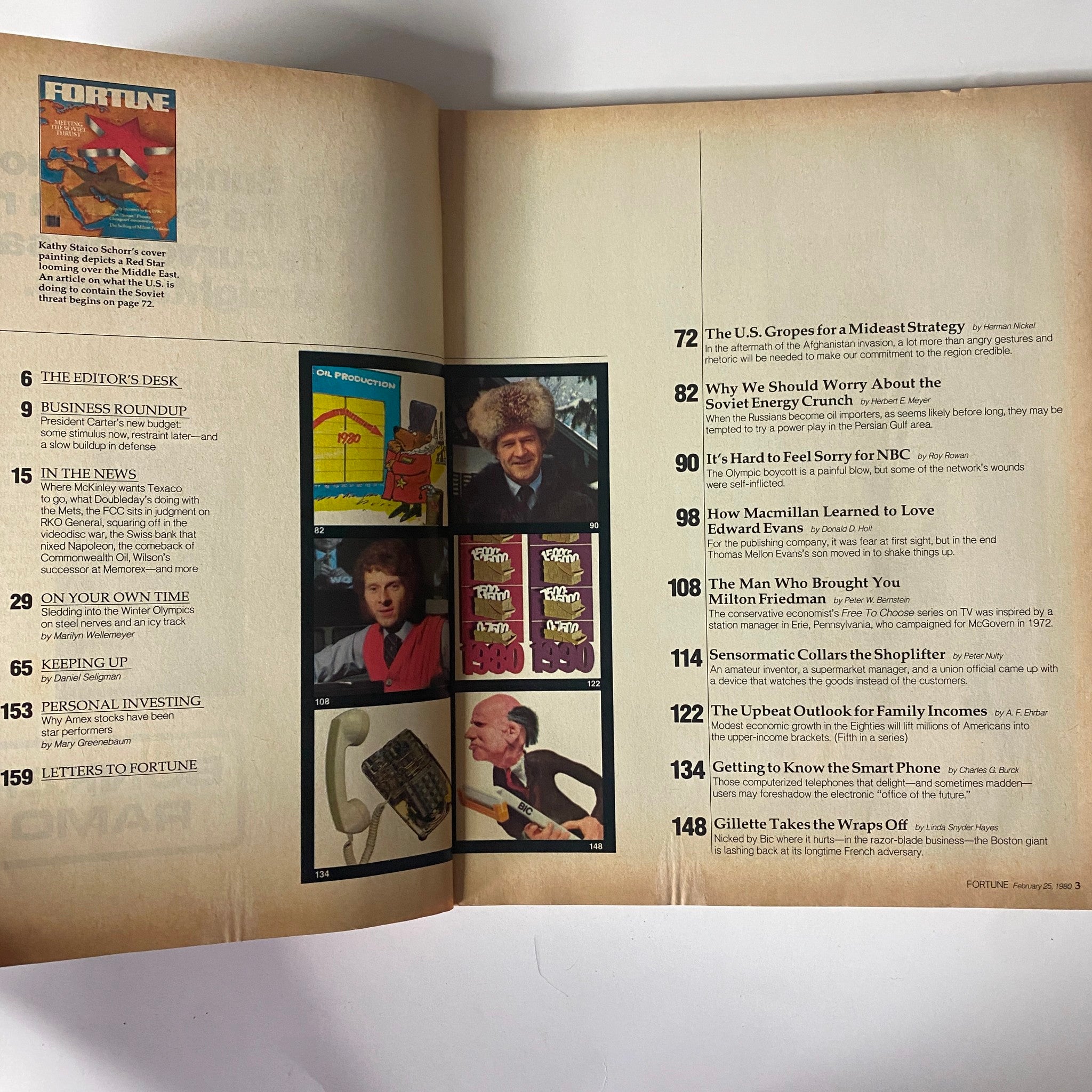 Interior page of Fortune Magazine from February 25, 1980, showcasing the table of contents with highlighted articles including commentary on U.S. foreign relations and media.