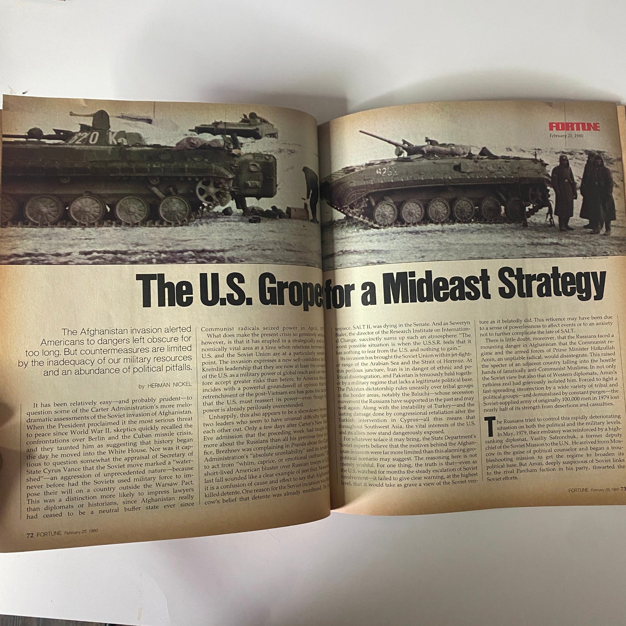 Article page from Fortune Magazine, February 25, 1980, titled 'The U.S. Gropes for a Mideast Strategy,' discussing America's strategic responses to geopolitical developments.