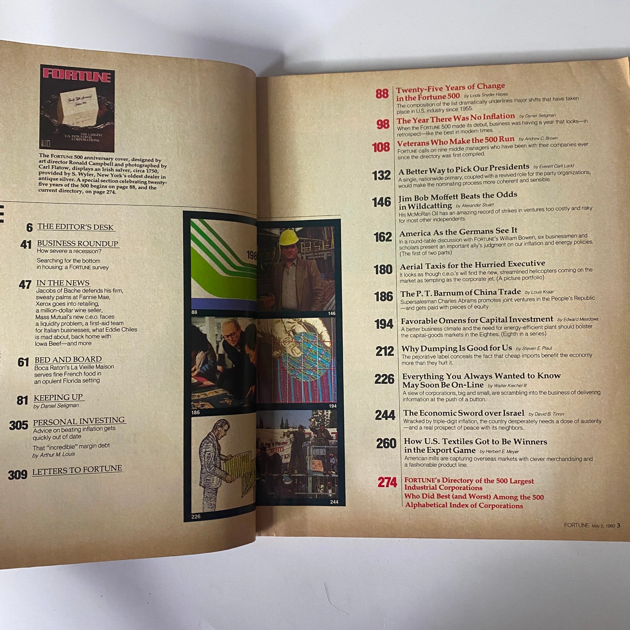 Inside pages of Fortune Magazine May 5, 1980 featuring the table of contents and article titles related to the largest U.S. industrial corporations.