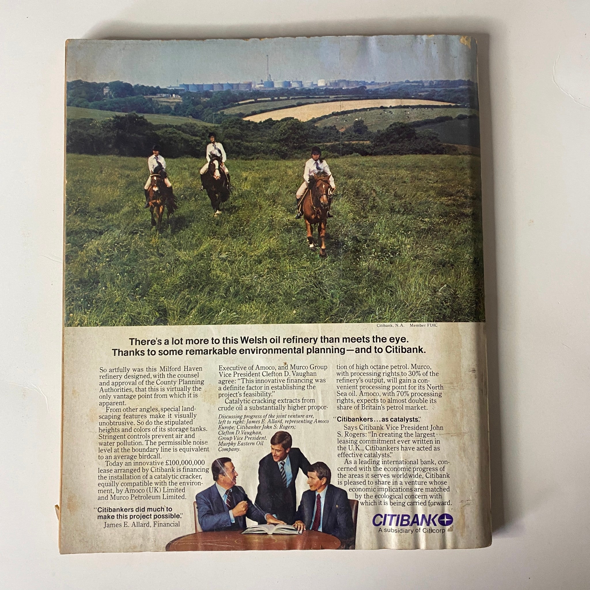 Back cover of Fortune Magazine May 5, 1980 highlighting Citibank with a scenic image of a Welsh oil refinery and a corporate message.