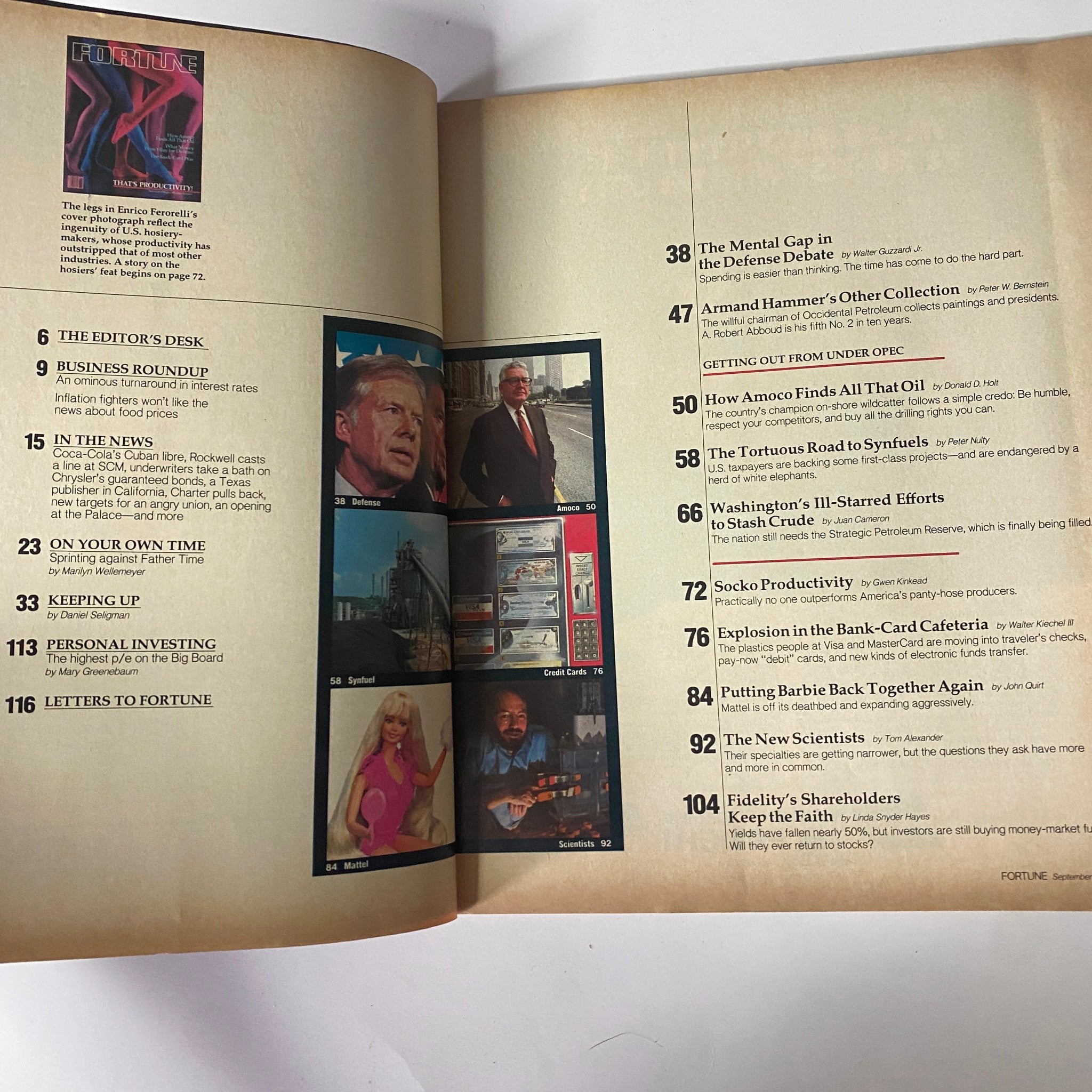 Interior page of Fortune Magazine, September 8, 1980, showcasing the table of contents with listings of articles such as 'The Mental Gap in the Defense Debate' and 'Putting Barbie Back Together Again'.