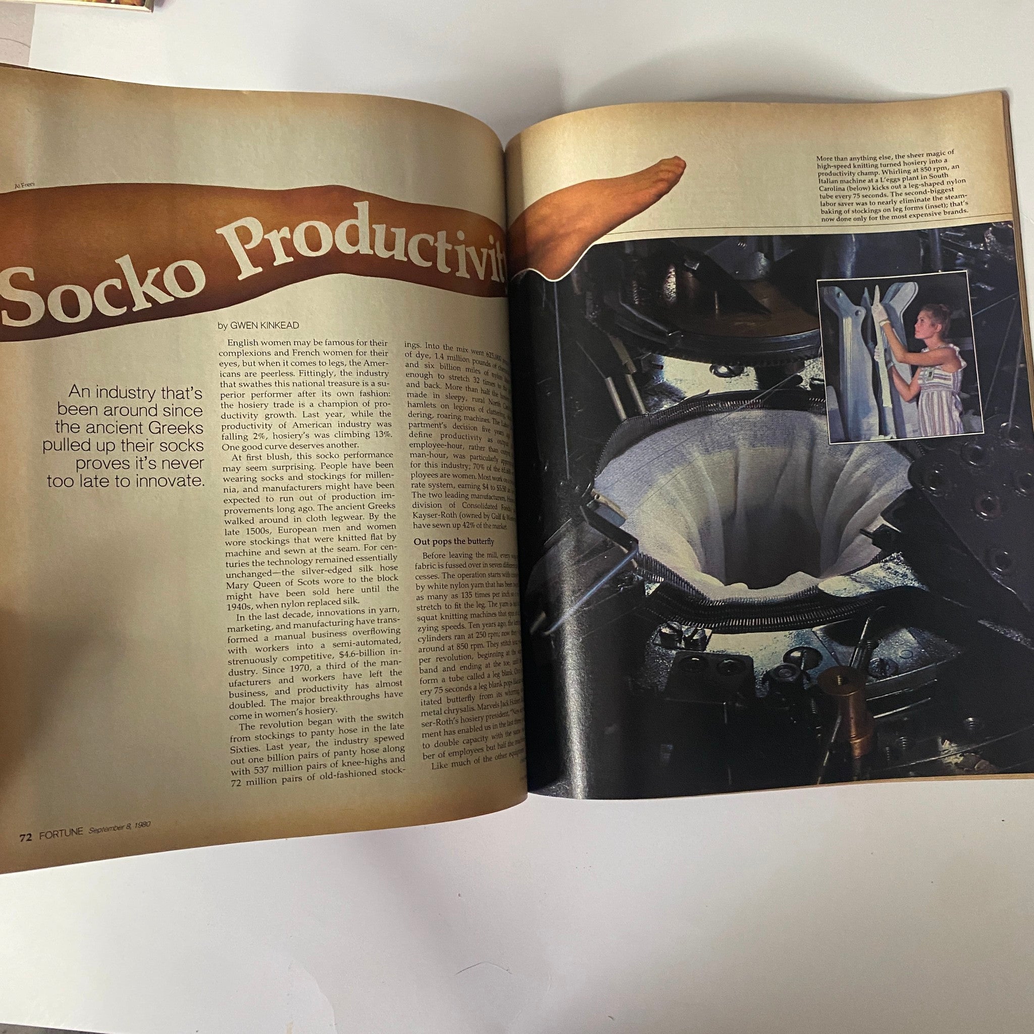 Inside spread of Fortune Magazine September 8, 1980 featuring the article 'Socko Productivity' discussing innovations in the pantyhose industry.