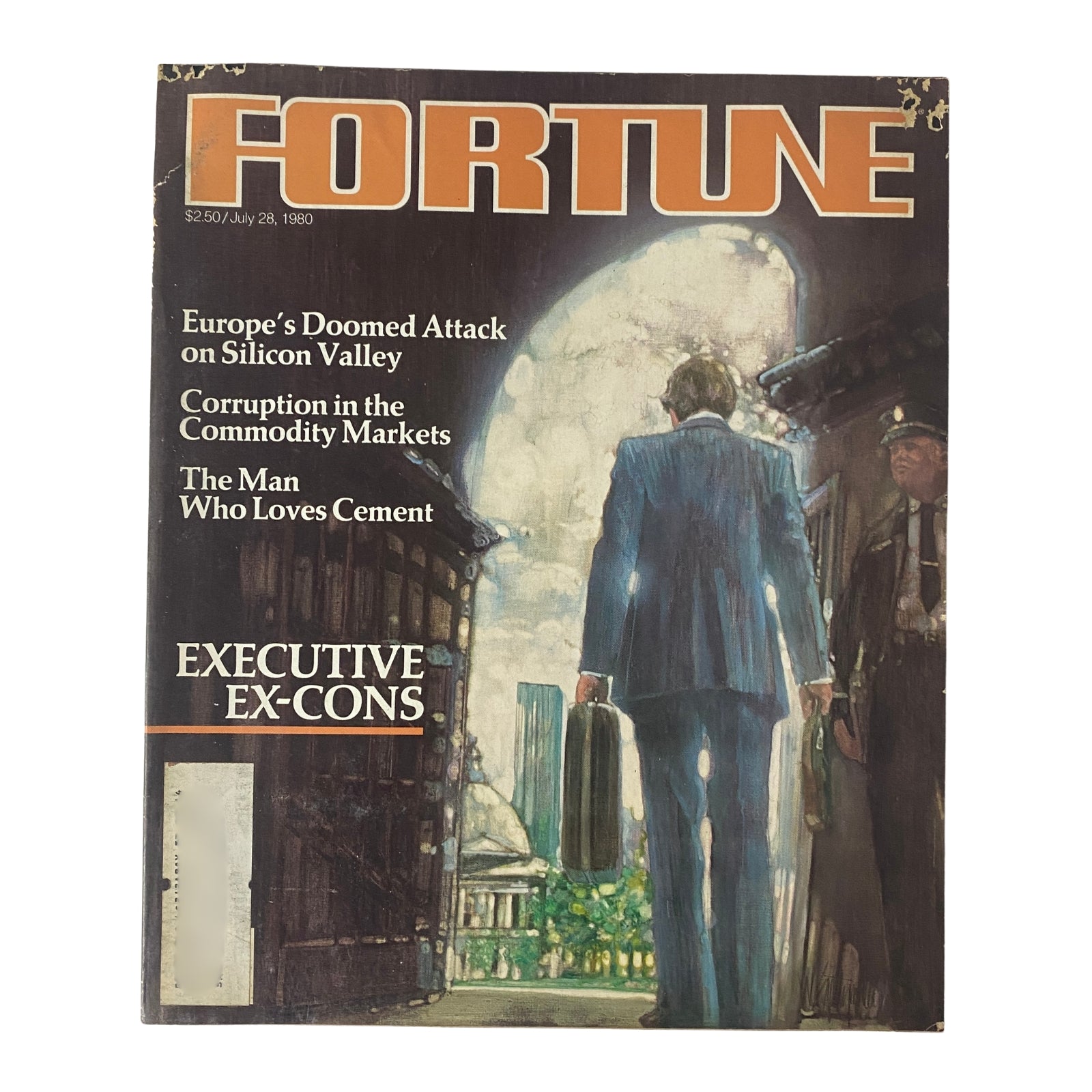 Fortune Magazine July 28, 1980 cover featuring a painting by Walter Spitzmiller, showcasing themes of business, economics, and finance. The cover highlights articles on Silicon Valley, corruption in commodity markets, and executive experiences.