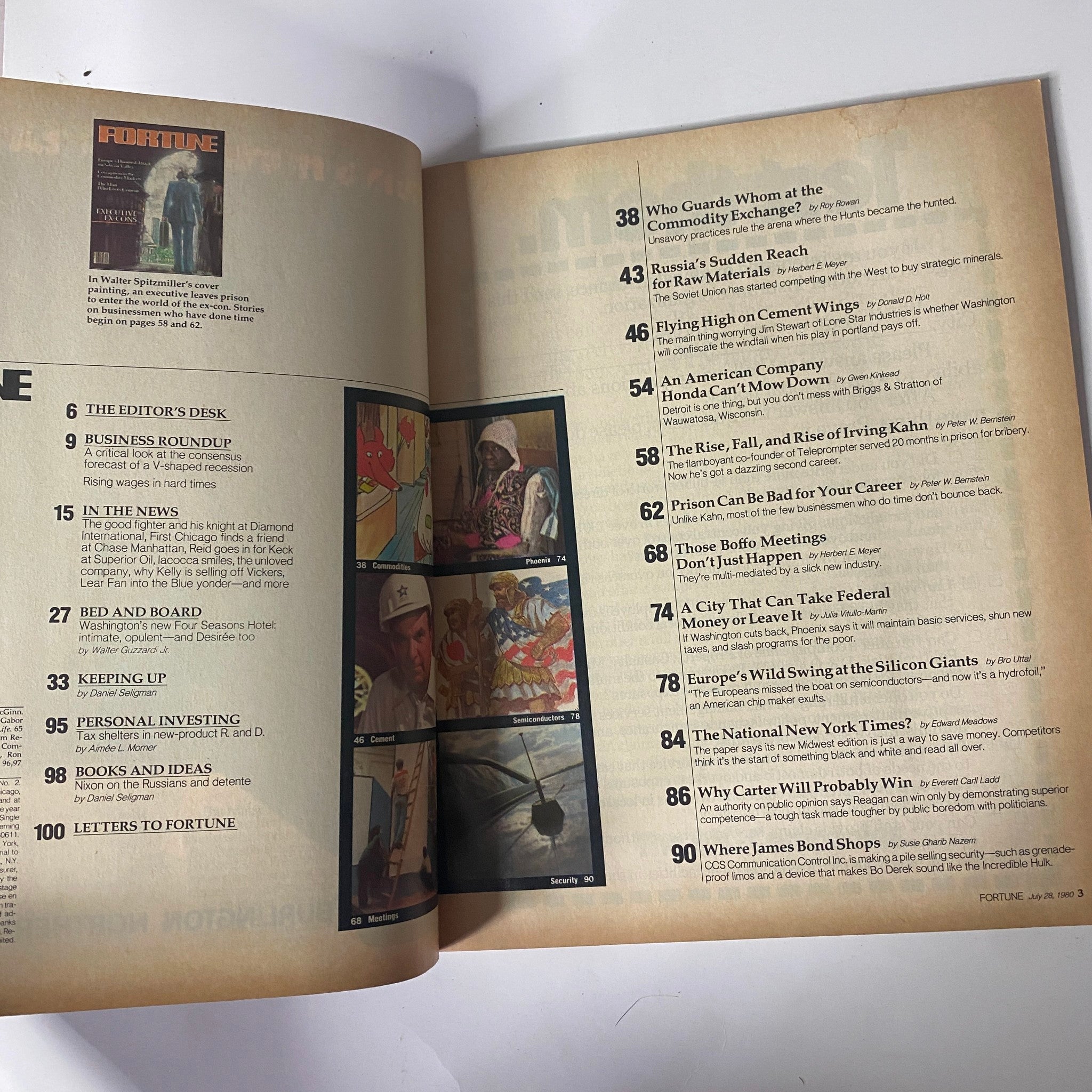 Inside page of Fortune Magazine July 28, 1980 displaying the table of contents, listing featured articles such as 'Who Guards Whom at the Commodity Exchange?' and 'Europe's Doomed Reach for Silicon Giants'.