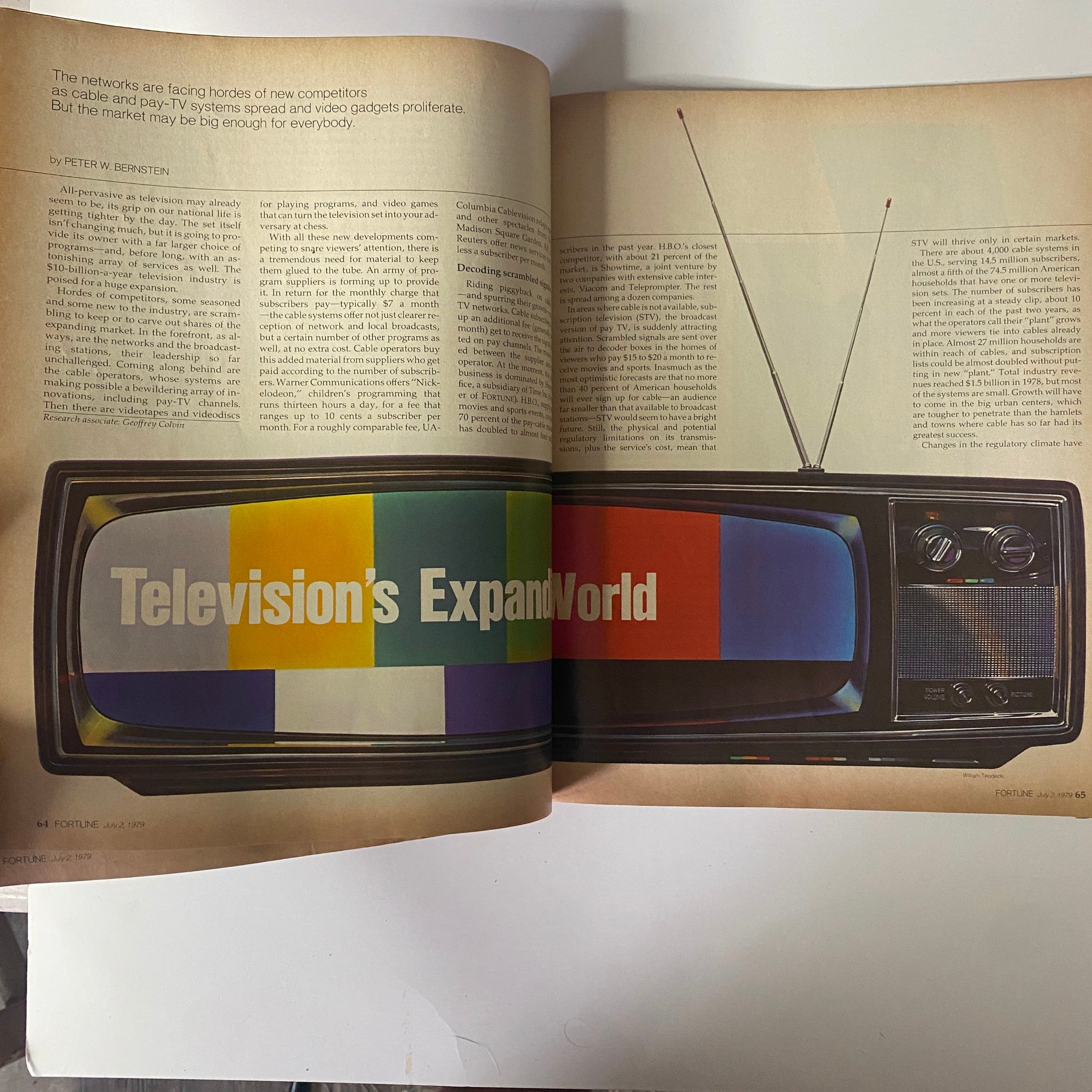Feature article spread from Fortune Magazine July 2, 1979 discussing 'Television’s Expanding World' with an illustration of an old TV screen.