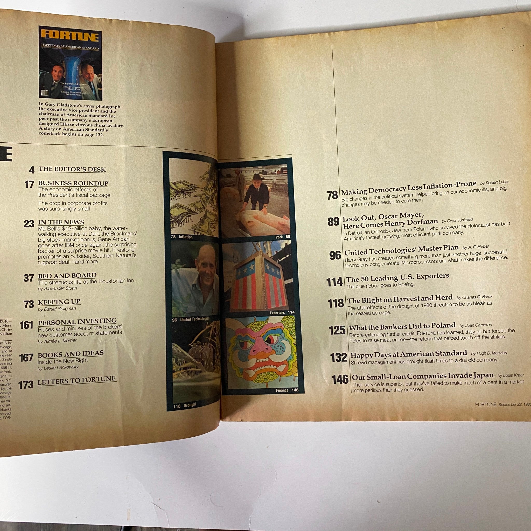 Inside page of Fortune Magazine September 22, 1980, showcasing article titles including 'Making Democracy Less Inflation-Prone' and 'Look Out, Oscar Mayer' alongside visuals.