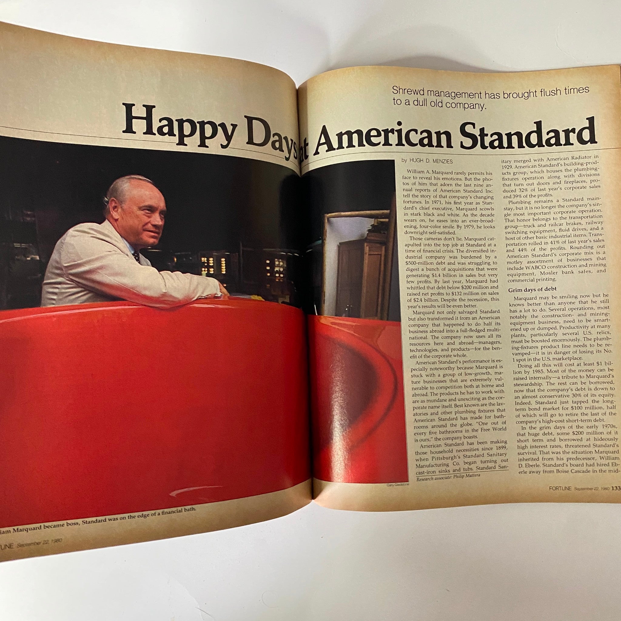 Article spread from Fortune Magazine September 22, 1980, titled 'Happy Days at American Standard', discussing successful management strategies for the company.