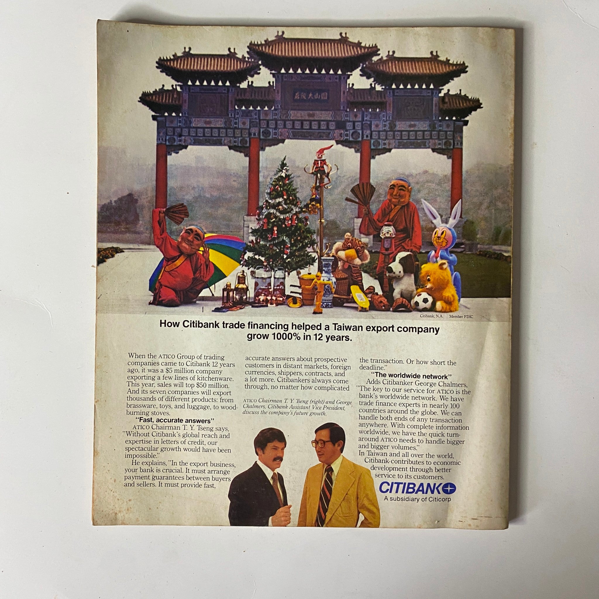 Back cover of Fortune Magazine September 22, 1980, featuring an advertisement for Citibank's trade financing services with a cultural backdrop.