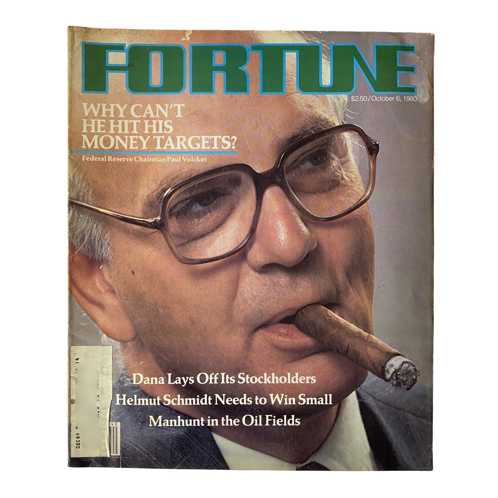 Cover of Fortune Magazine from October 6, 1980, featuring Federal Reserve Chairman Paul Volcker. The image shows Volcker's close-up portrait, highlighting his eyeglasses and serious expression, symbolic of his importance during a critical economic period.