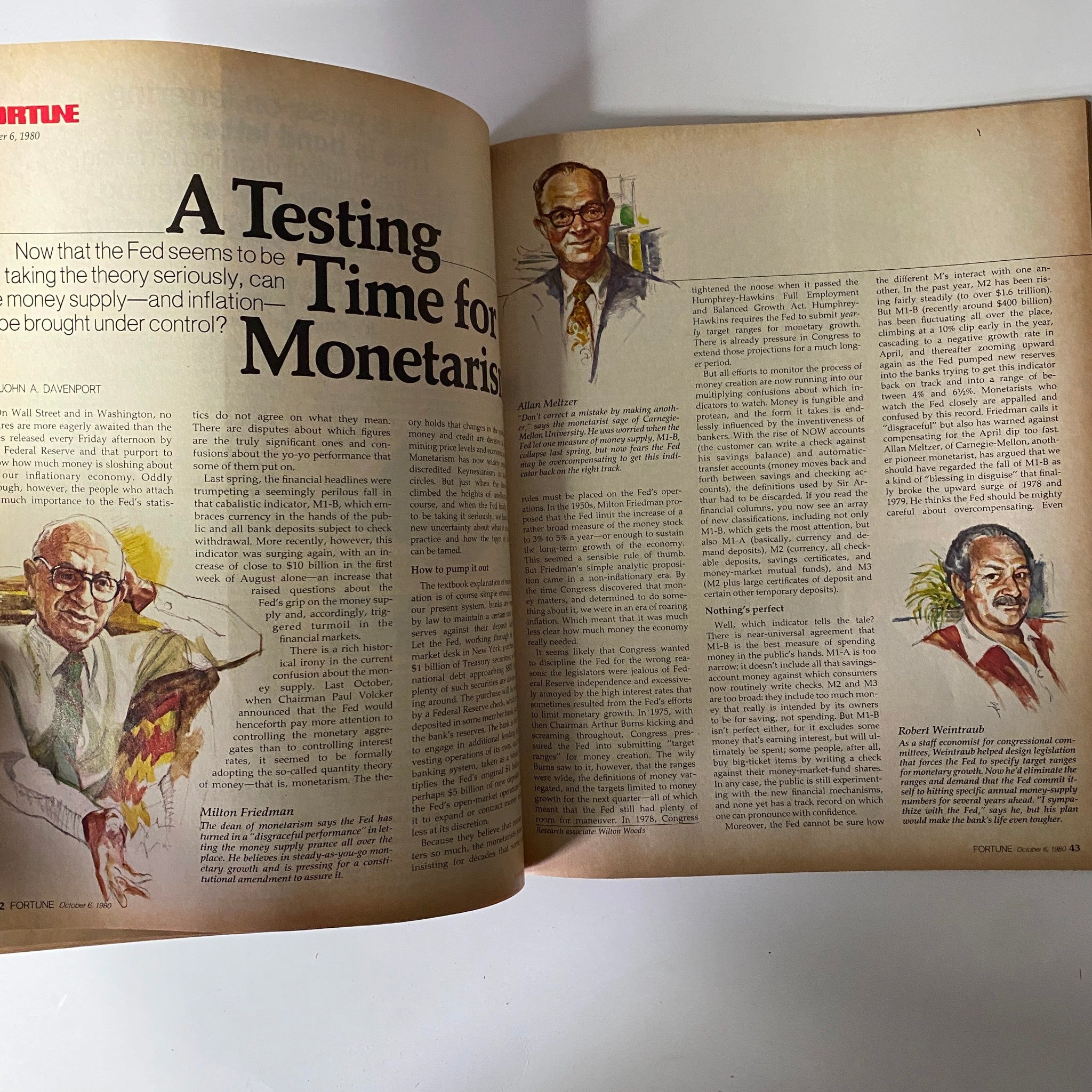 Inside page of Fortune Magazine October 6, 1980, highlighting the article 'A Testing Time for Monetarism' with illustrations and discussion on monetary policy and inflation control.