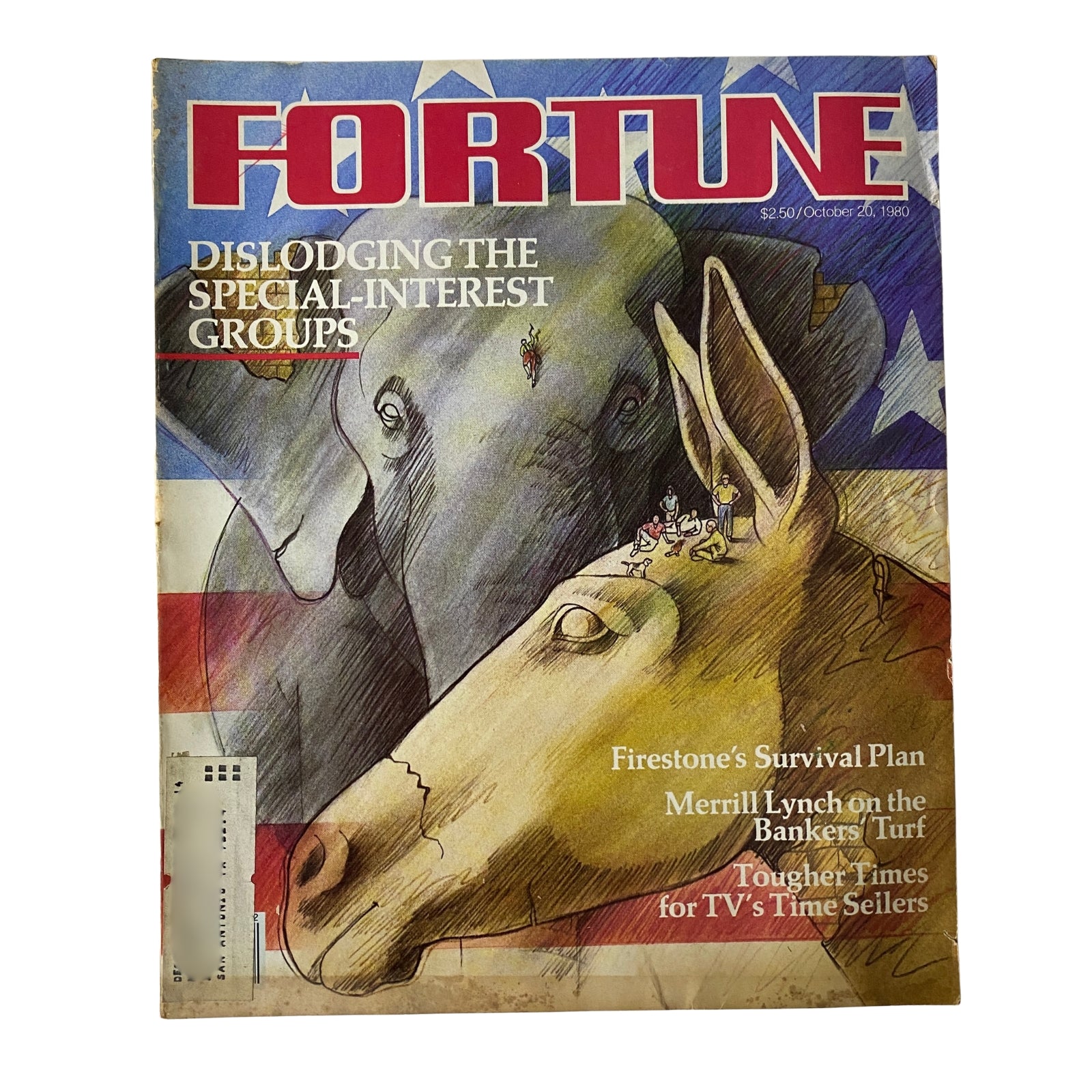 Fortune Magazine cover from October 20, 1980, featuring the title 'Dislodging the Special-Interest Groups' with illustrations of elephants and donkeys representing political parties.