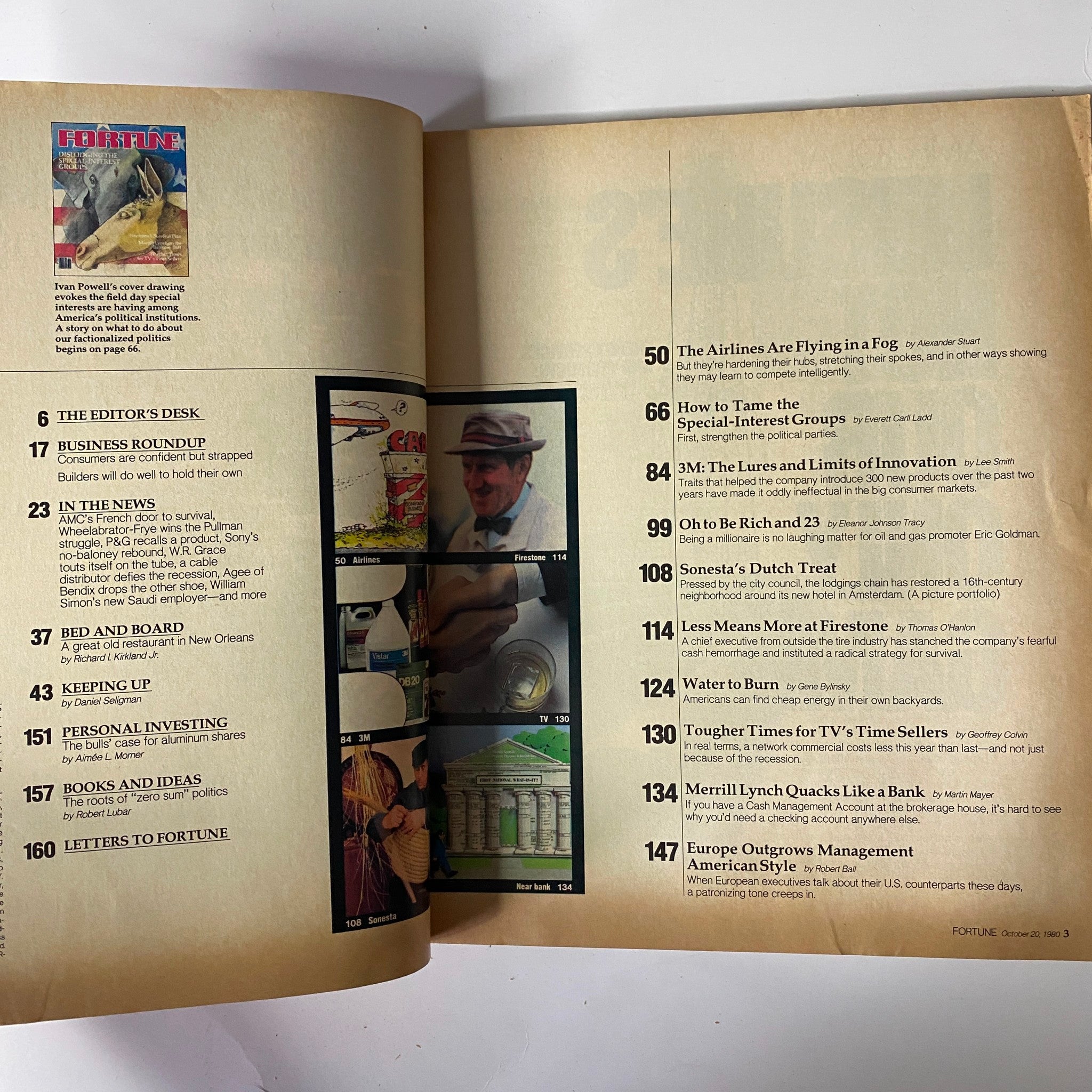 Inside page of Fortune Magazine, October 20, 1980, displaying the table of contents with highlighted articles including 'How to Tame the Special-Interest Groups' and 'The Airlines Are Flying in a Fog'.