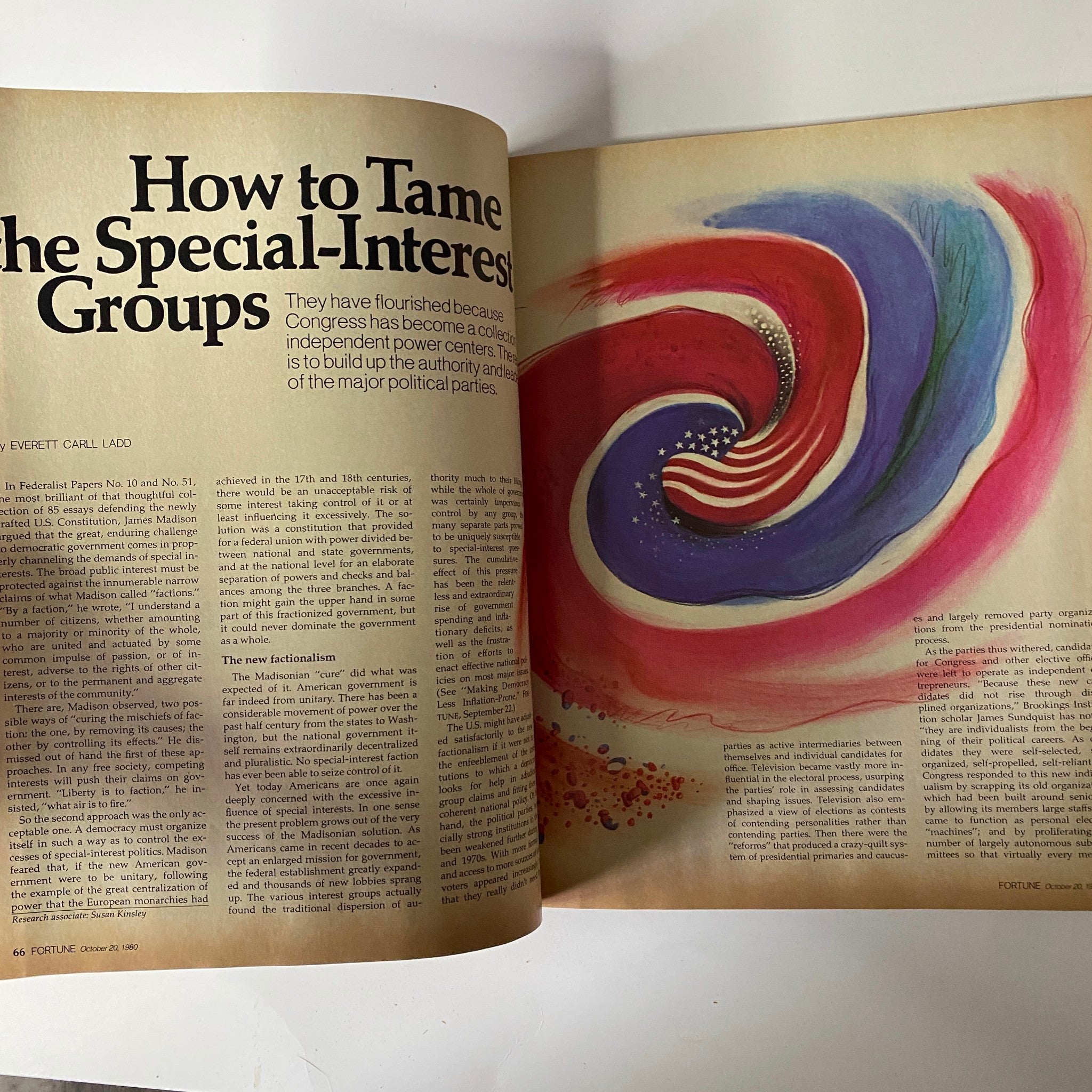 Inside page of Fortune Magazine, October 20, 1980, featuring the article 'How to Tame the Special-Interest Groups' by Everett Carl Ladd, discussing the influence of special-interest groups in politics.