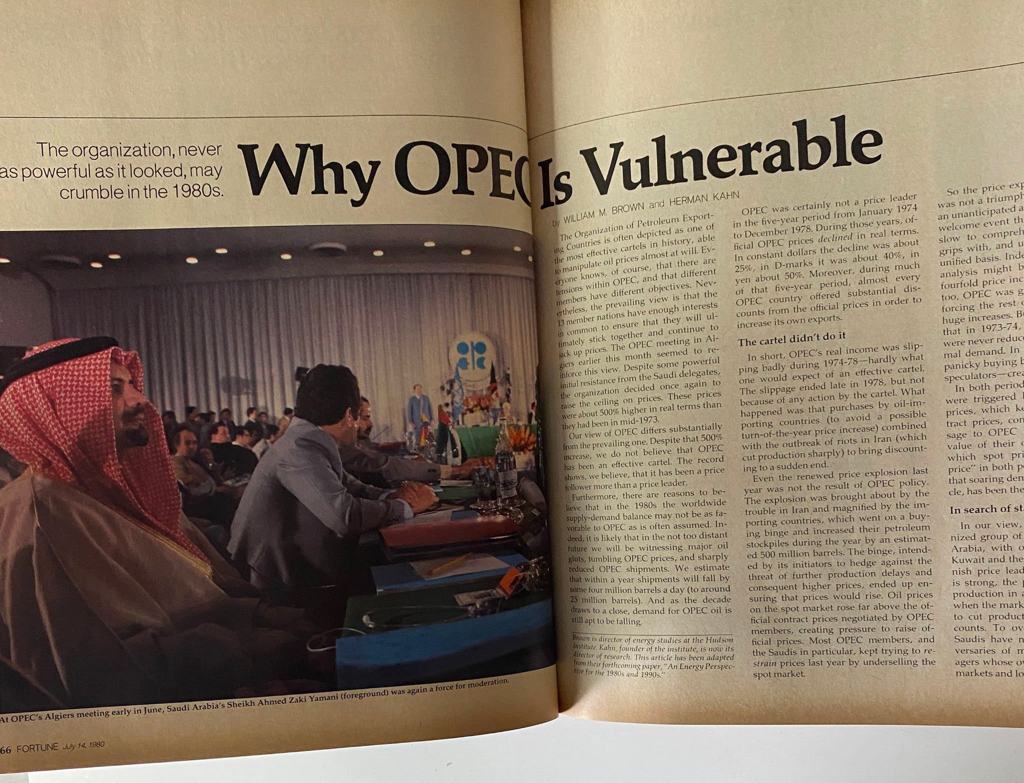 Article page titled 'Why OPEC Is Vulnerable' from Fortune Magazine – July 14, 1980, showcasing a meeting of OPEC leaders discussing oil production and prices.