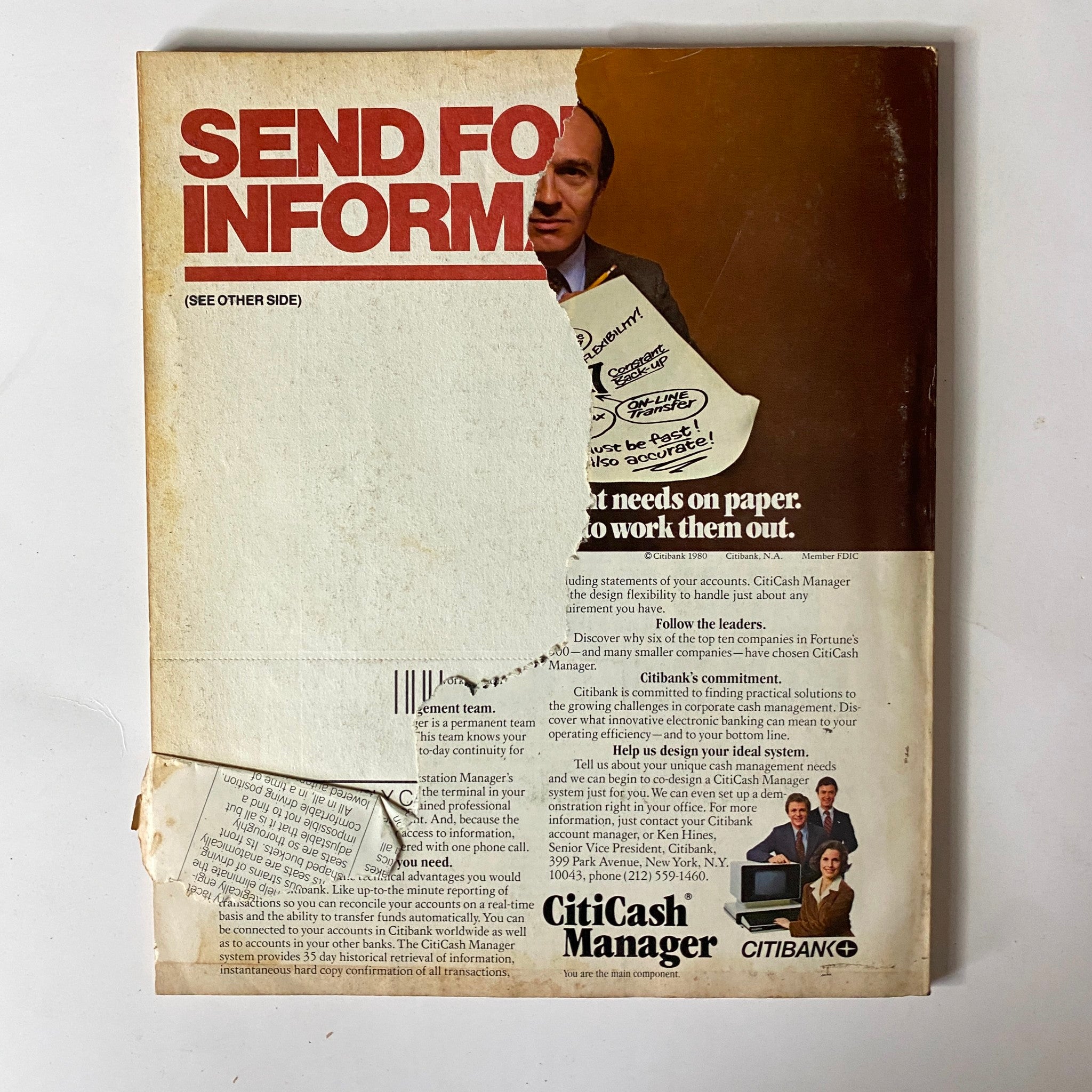 Back cover of Fortune Magazine – July 14, 1980 displaying an advertisement for CitiCash Manager with details on financial services and a cut-out section.