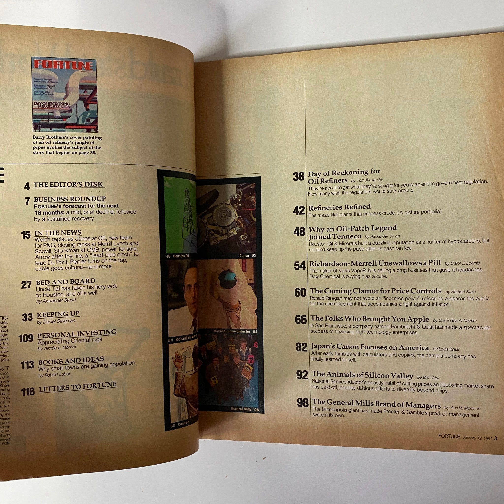 Table of contents from Fortune Magazine January 12, 1981, detailing featured articles including 'Day of Reckoning for Oil Refiners' and more.