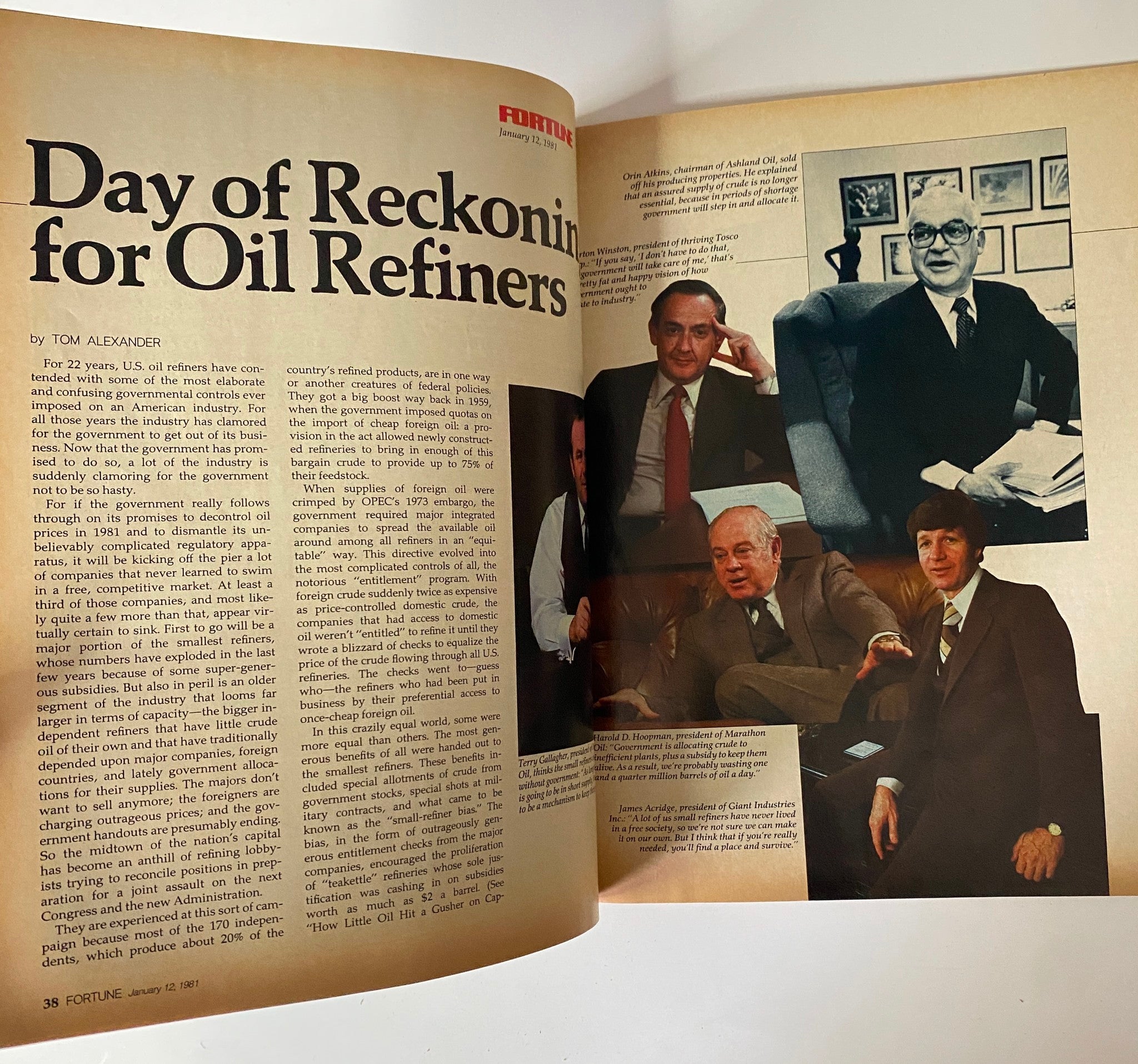 Main feature article in Fortune Magazine January 12, 1981 titled 'Day of Reckoning for Oil Refiners' featuring multiple executives portraits discussing industry changes.