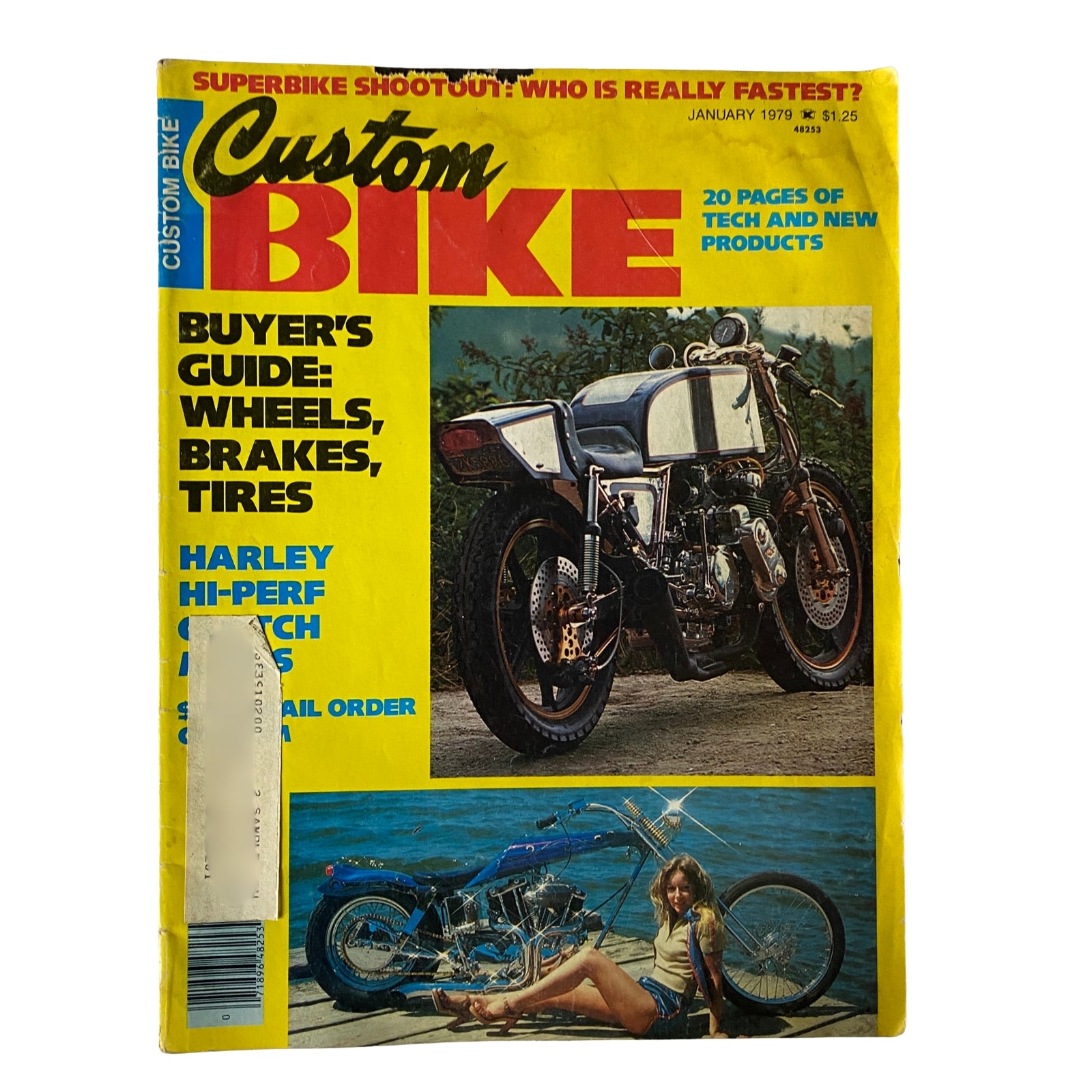 Custom Bike Magazine January 1979 cover featuring the standout article "The Case of The Tingling Single" along with a buyer's guide for wheels, brakes, and tires, alongside images of motorcycles and a woman relaxing by the water.