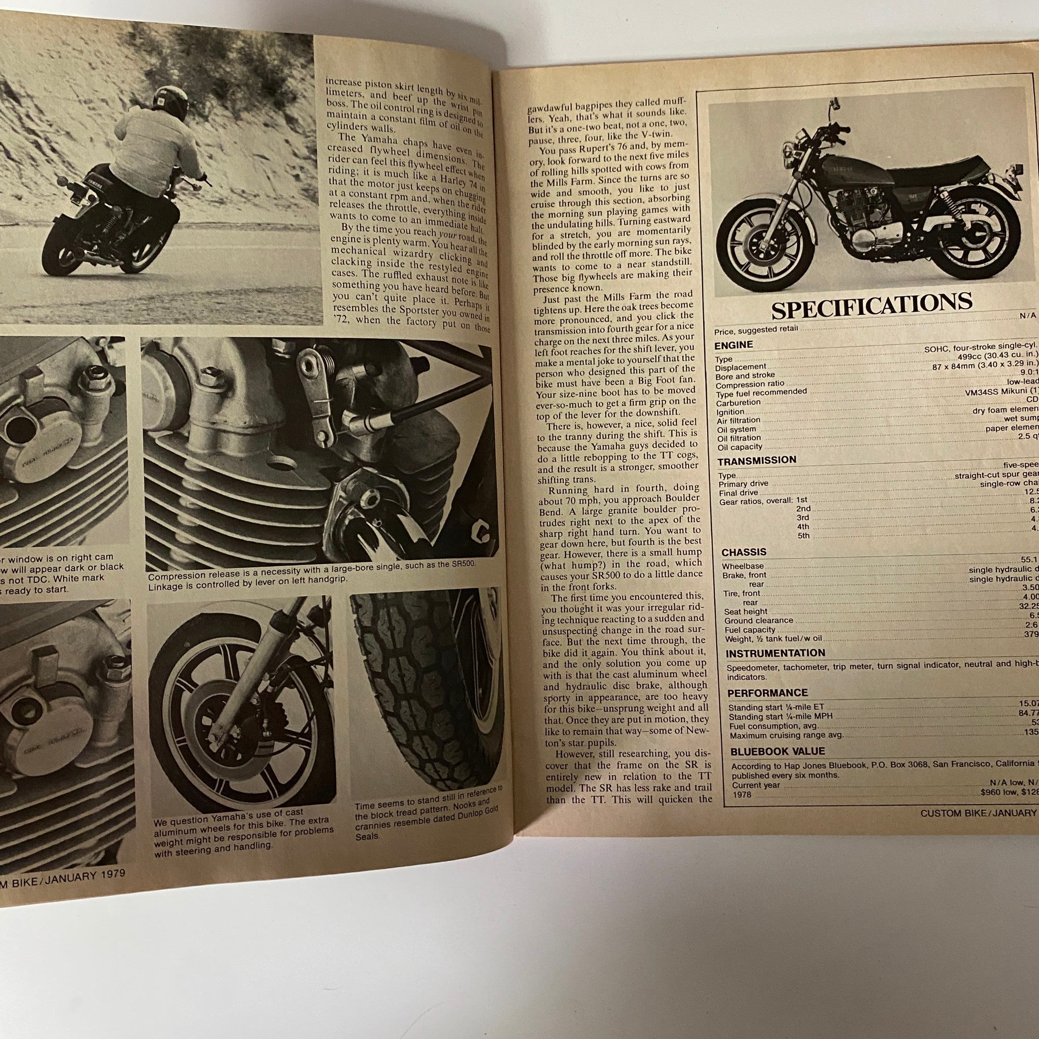 Interior pages of Custom Bike Magazine January 1979 showcasing an article about the Yamaha SR500 and specifications alongside motorcycle images.