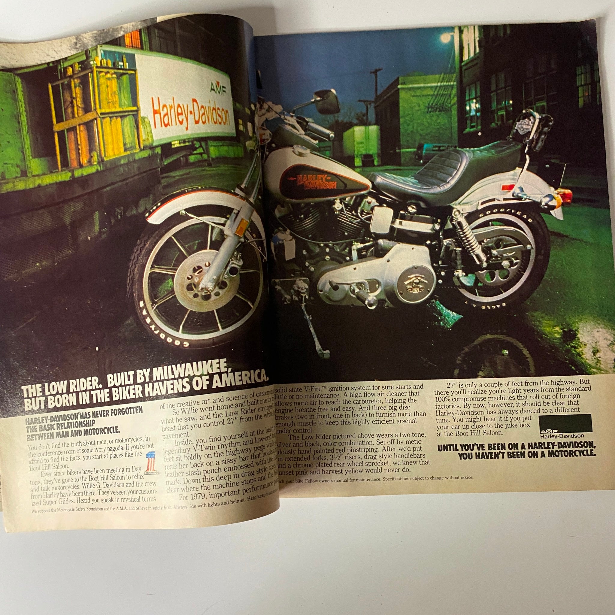 Advertisement from Custom Bike Magazine January 1979 featuring the Harley Davidson Low Rider with details on its build and heritage.