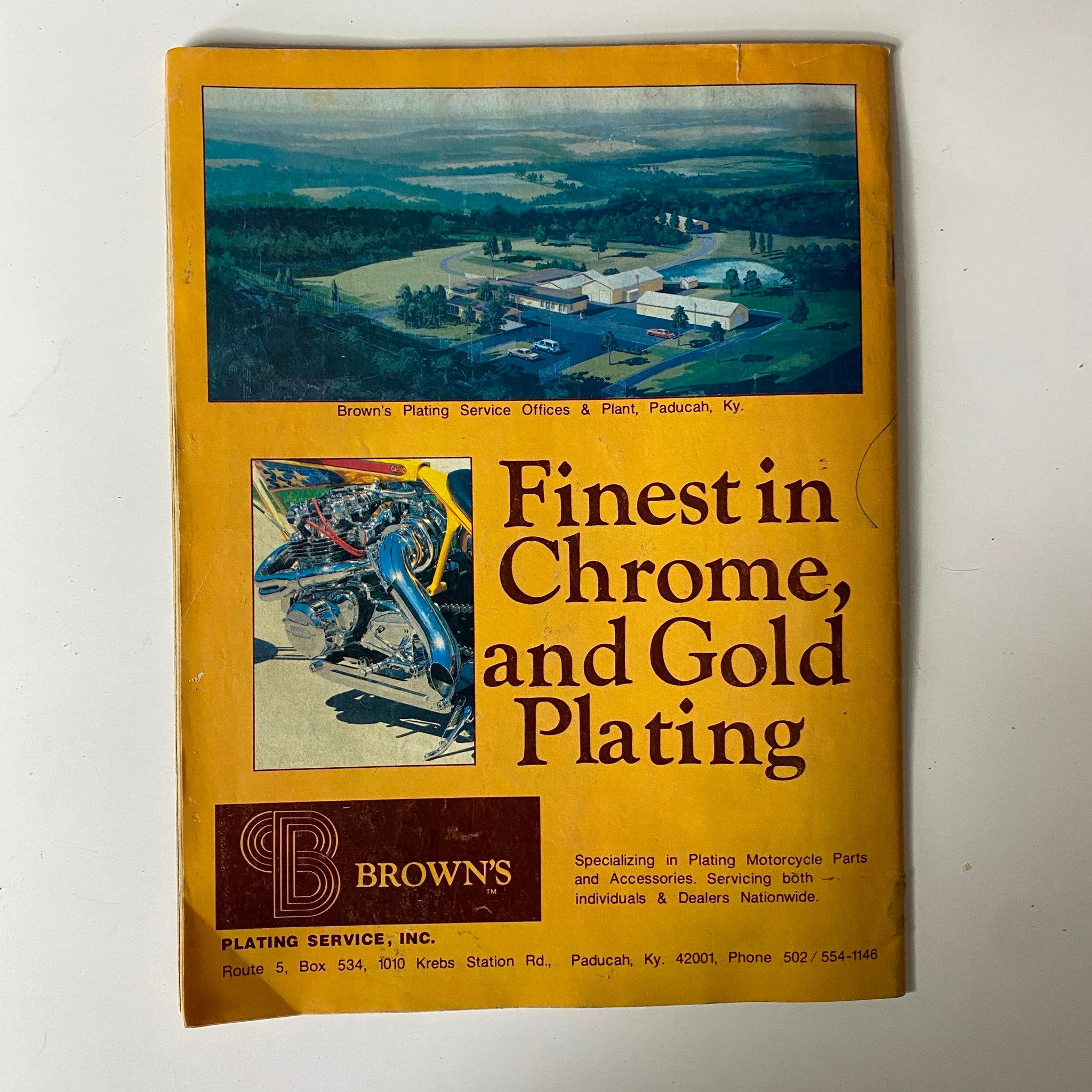 Promotional brochure in Custom Bike Magazine January 1979 for Brown's Plating Service, specializing in chrome and gold plating for motorcycle parts.