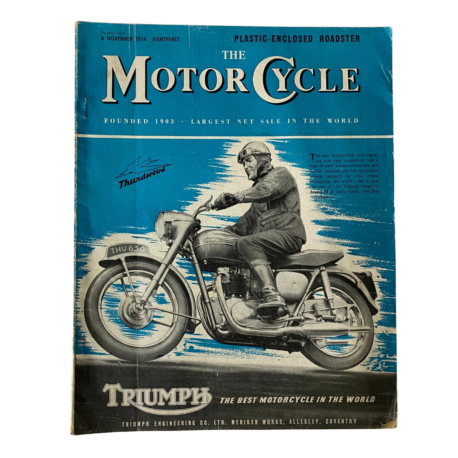 Cover of The Motor Cycle Magazine dated November 4, 1954, featuring The New Thunderbird, with a classic Triumph motorcycle illustration and a motorcyclist wearing a vintage helmet.