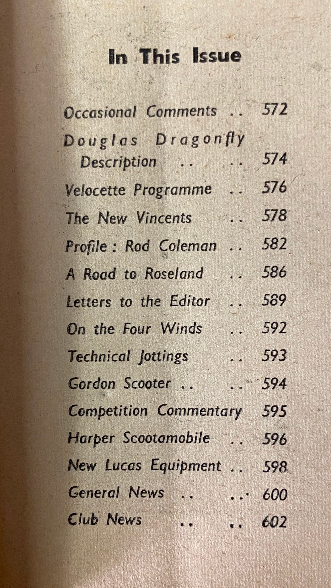 Inside page of The Motor Cycle Magazine November 4, 1954, featuring the table of contents including articles on Occasional Comments, Douglas Dragonfly Description, Velocette Programme, and more.