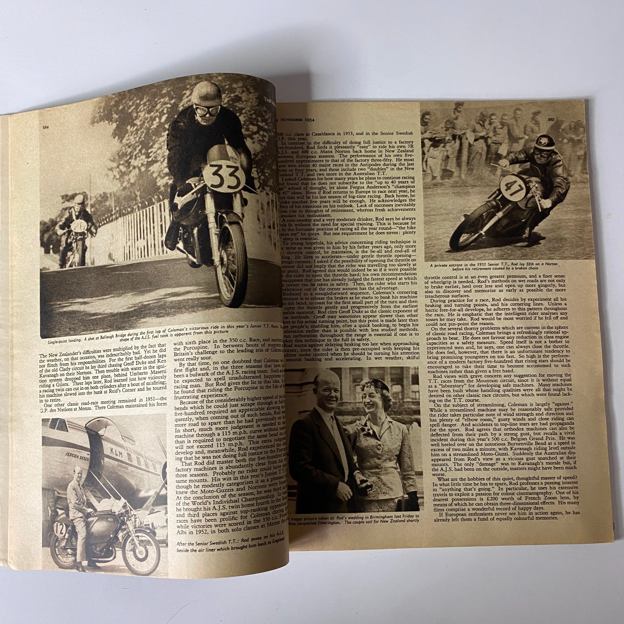 Two-page article from The Motor Cycle Magazine November 4, 1954, highlighting motor racing content with vintage motorcycle images and narratives.