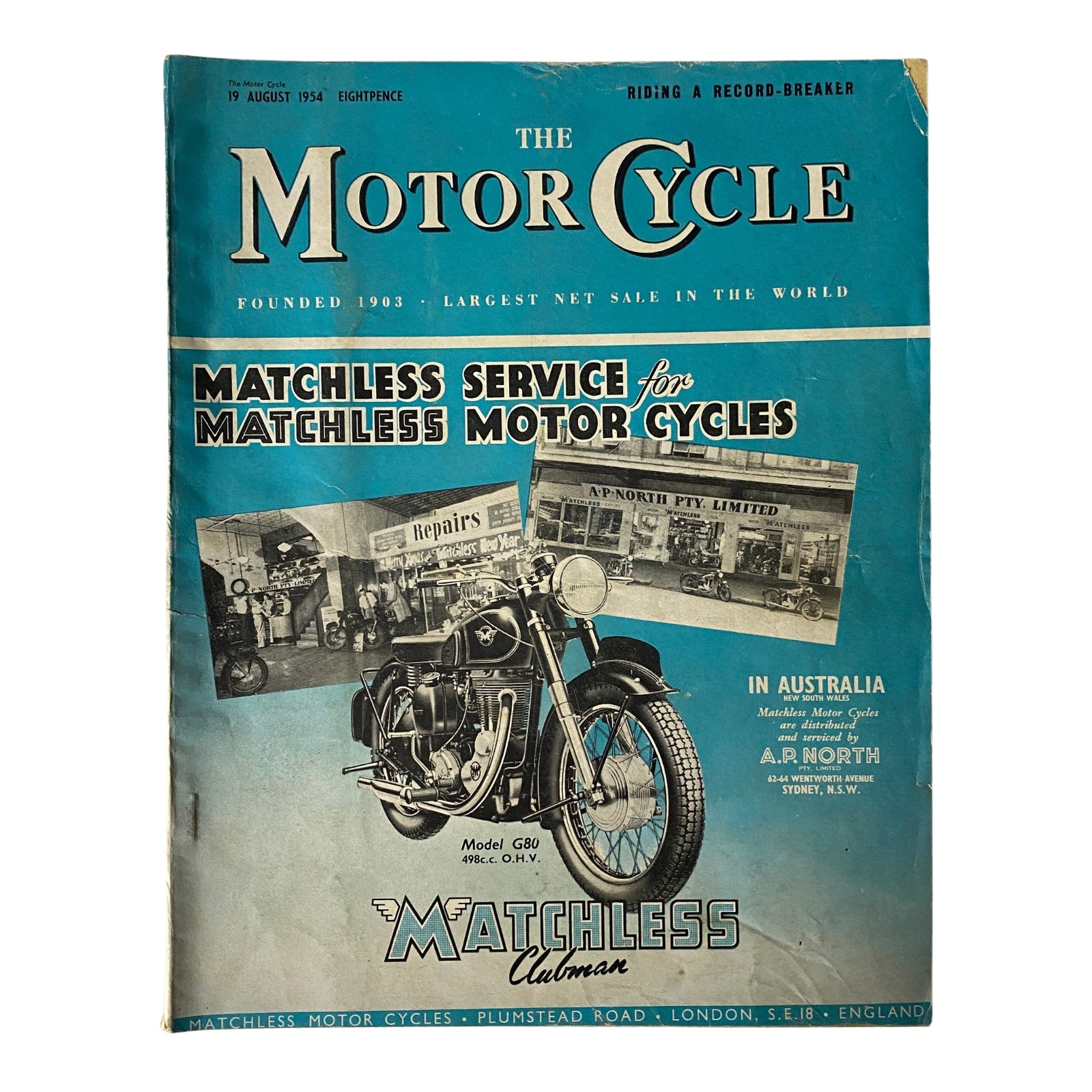 Cover of The Motor Cycle Magazine, August 19, 1954, featuring the Model G80 498cc OHV motorcycle. The magazine highlights AJS motorcycle, showcasing vintage British engineering along with advertisements for Matchless Motor Cycles and motorcycle services.
