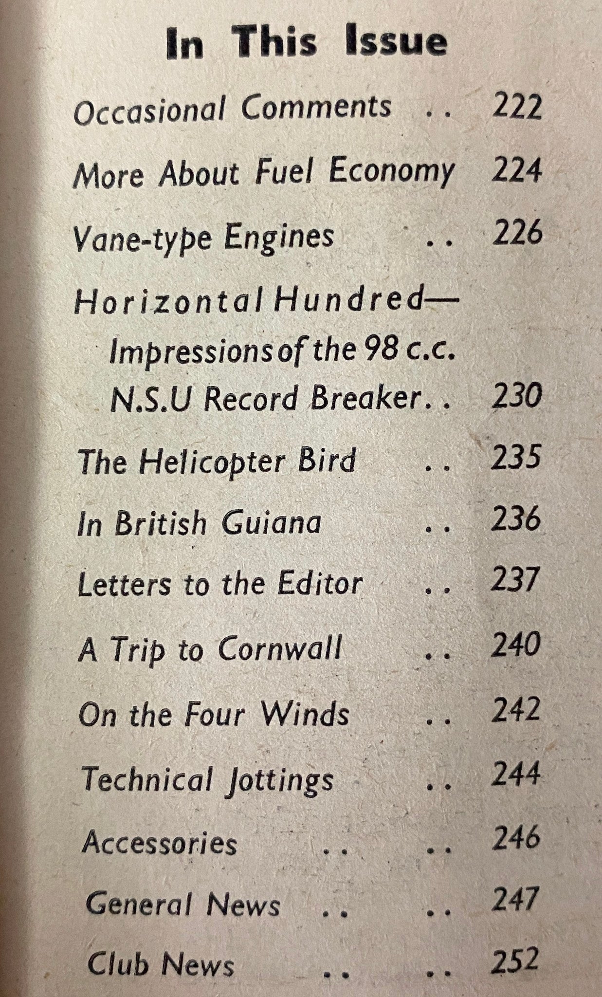 Table of contents for The Motor Cycle Magazine August 19, 1954, detailing topics like 'Occasional Comments', 'Vane-type Engines', and 'Horizontal Hundred Impressions of the 98 c.c. N.S.U. Record Breaker'.