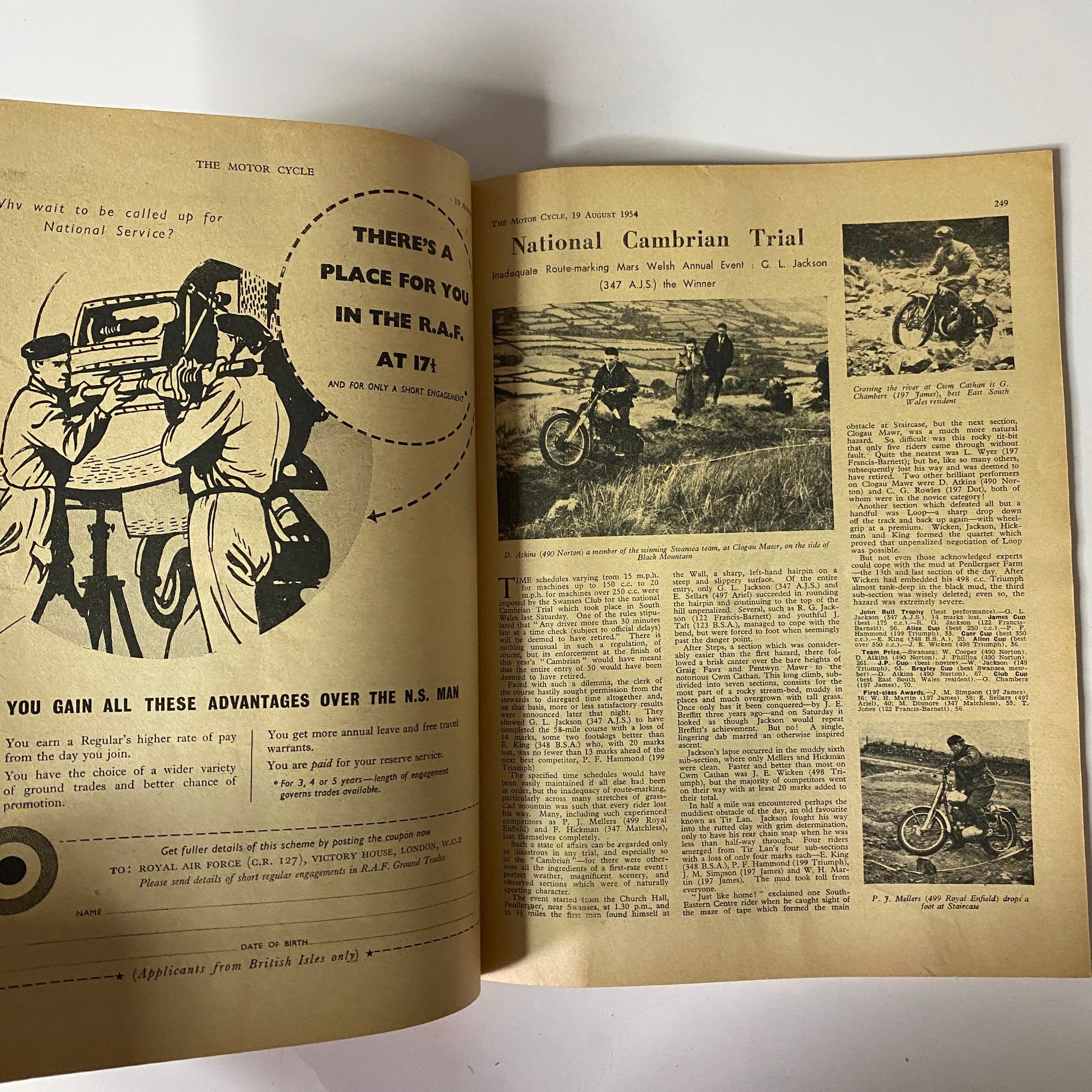 A featured article from The Motor Cycle Magazine August 19, 1954, showcasing the National Cambrian Trial with illustrations of riders and motorcycles.
