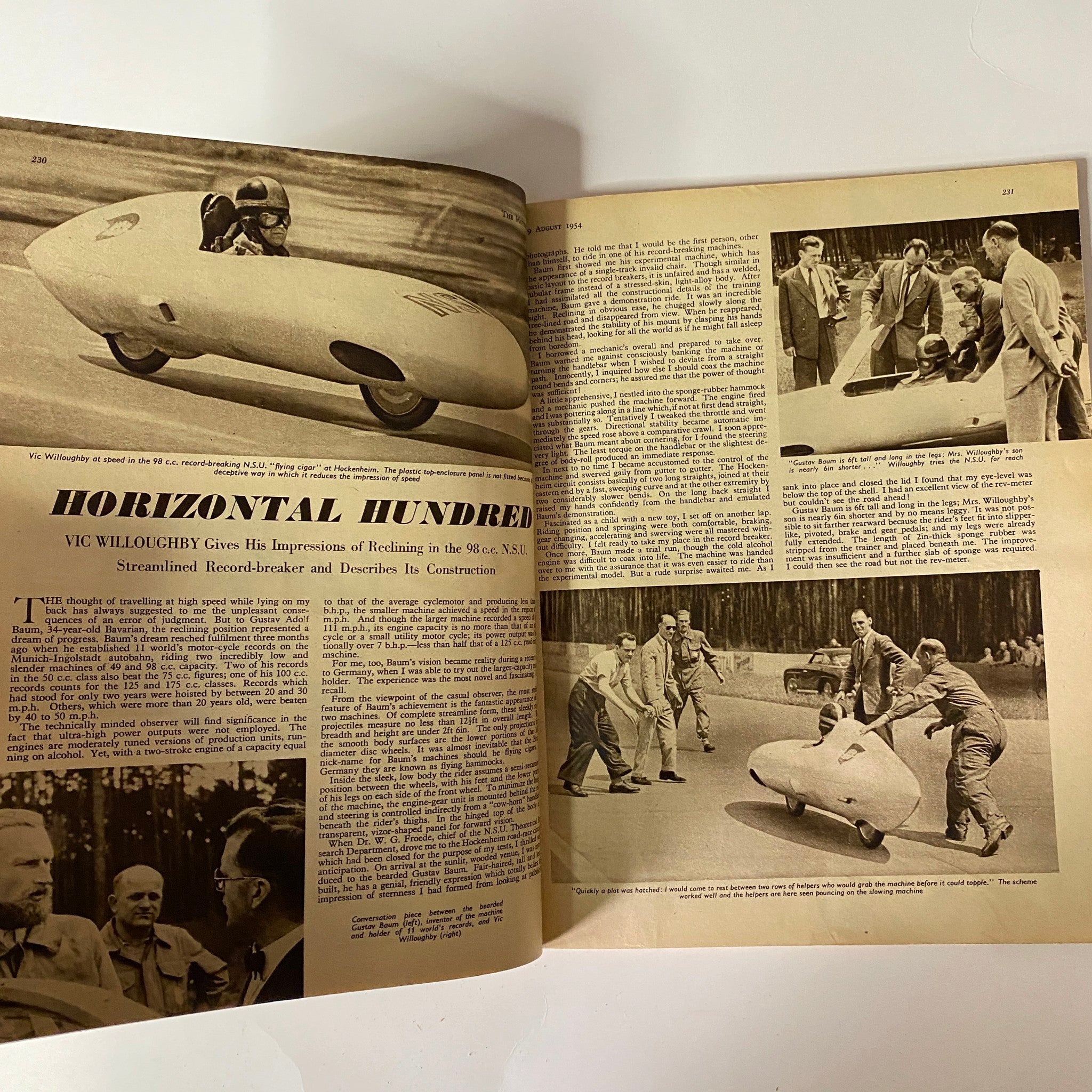 An article from The Motor Cycle Magazine August 19, 1954, titled 'Horizontal Hundred', discussing impressions of the 98 c.c. N.S.U. Record Breaker with accompanying images.