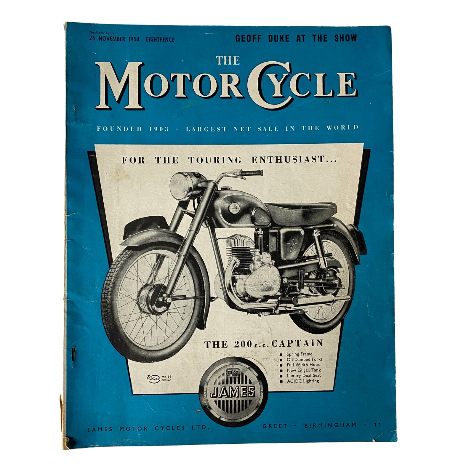 The Motor Cycle Magazine November 25, 1954 cover featuring the 200cc Captain motorcycle, showcasing its classic design for touring enthusiasts.
