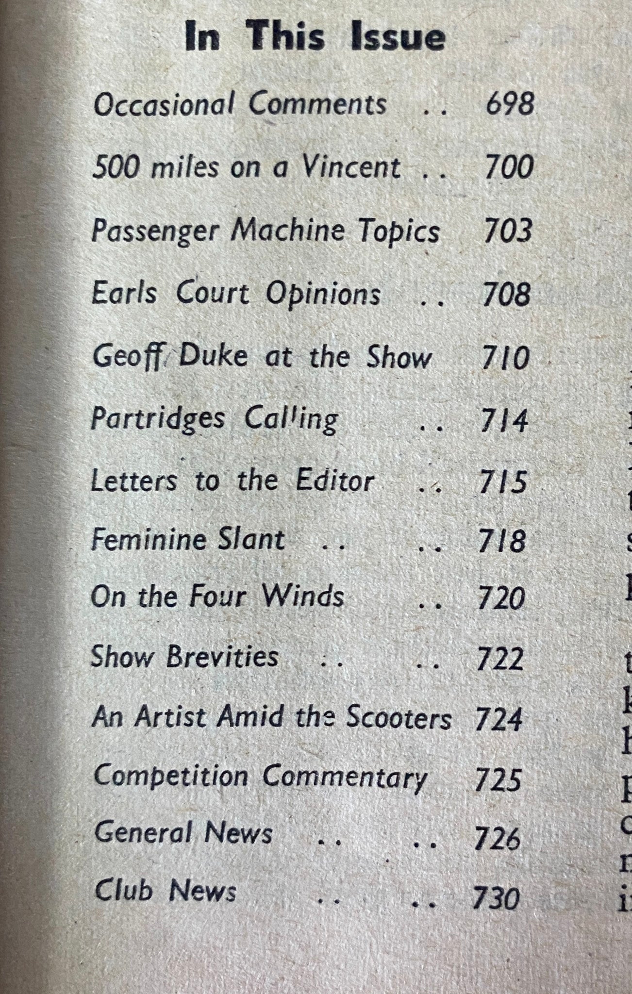 Table of contents from The Motor Cycle Magazine November 25, 1954 detailing various topics including '500 miles on a Vincent' and 'Feminine Slant'.