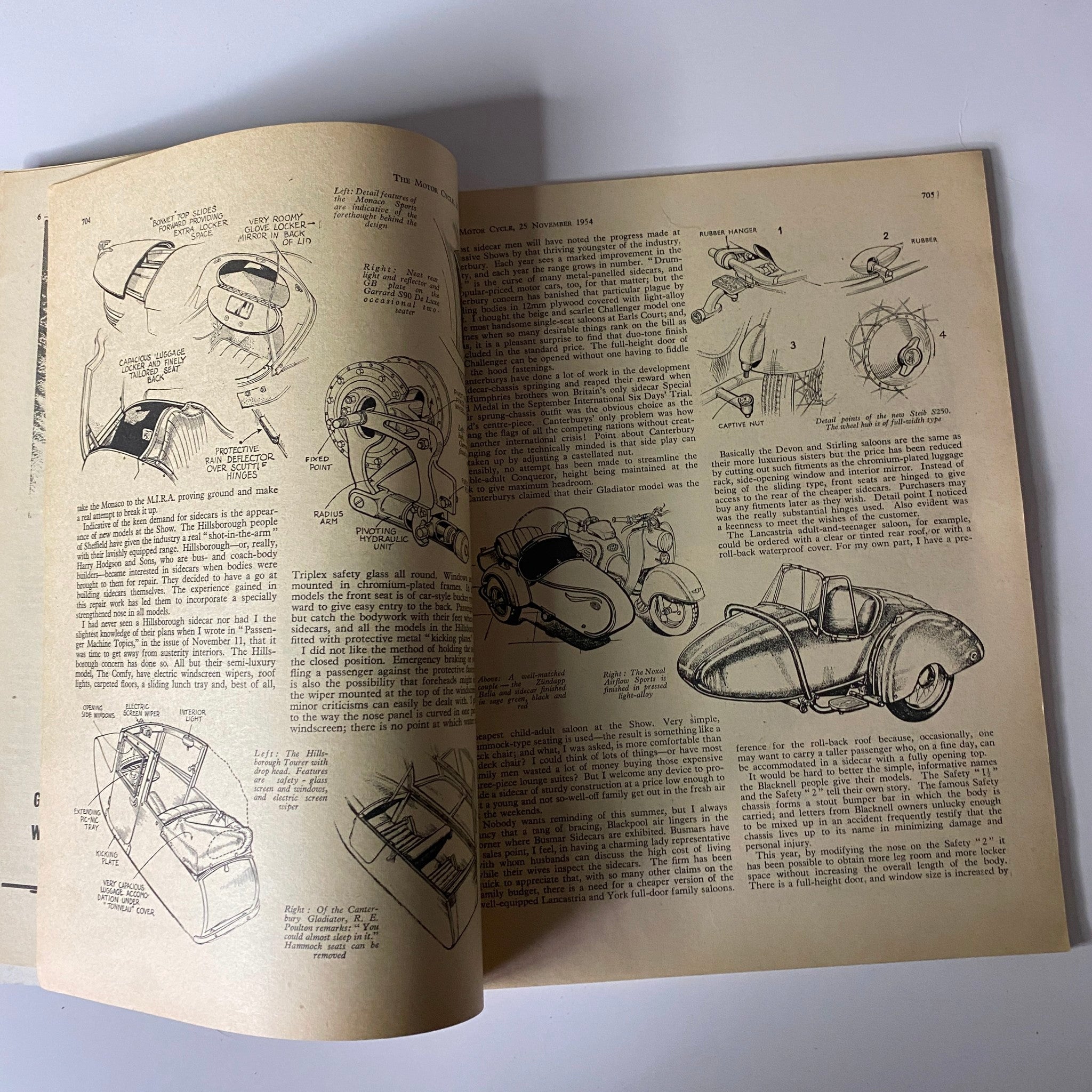 Interior pages of The Motor Cycle Magazine November 25, 1954 with detailed illustrations on motorcycle accessories and features.