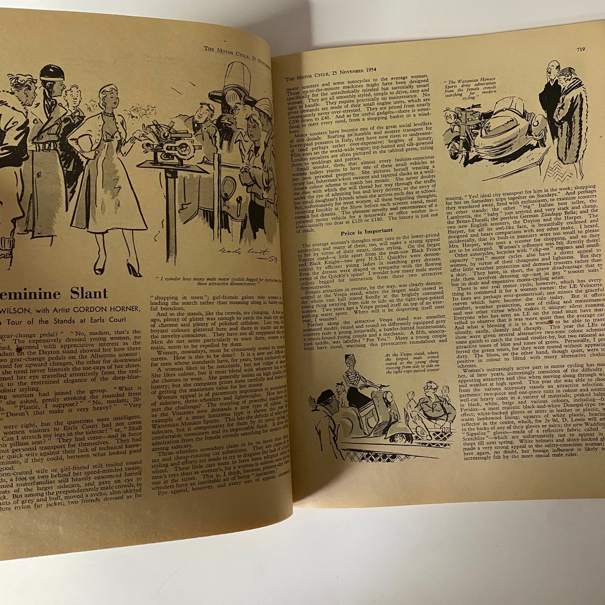 Interior pages of The Motor Cycle Magazine November 25, 1954 featuring the 'Feminine Slant' column discussing women's involvement in motorcycling.