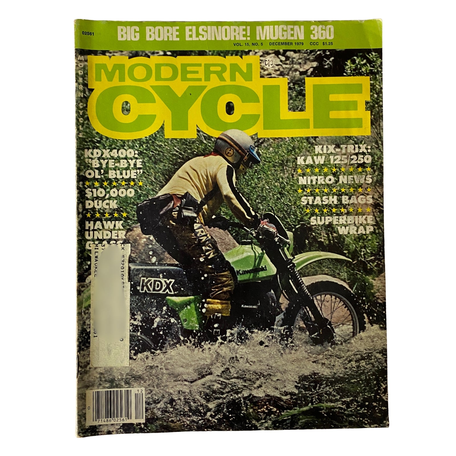 Cover of Modern Cycle Magazine December 1979 Vol 15 No. 5 featuring the Kawasaki KDX400 off-road motorcycle, showcasing a rider on a dirt trail.