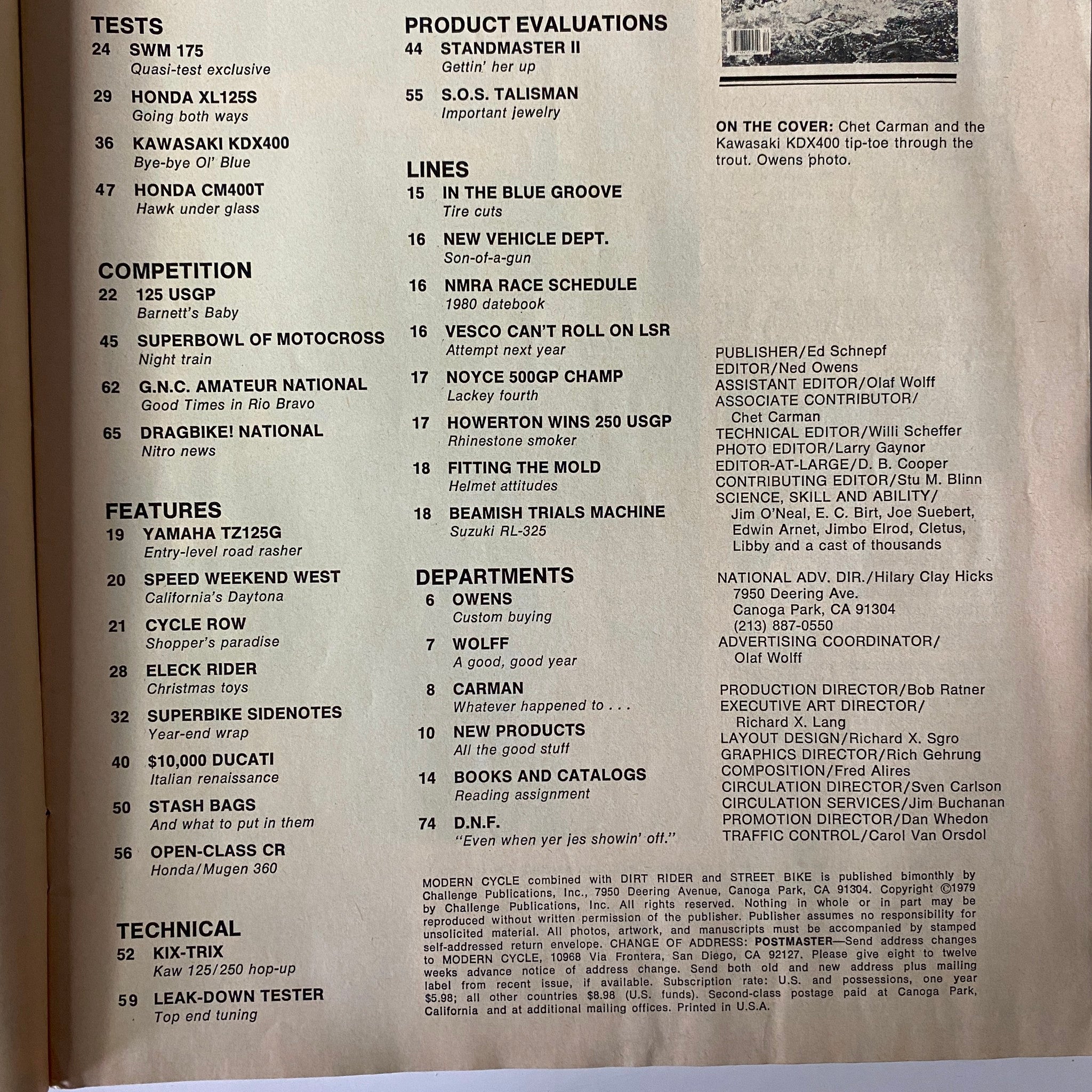 Contents page of Modern Cycle Magazine December 1979 Vol 15 No. 5, listing articles on various motorcycle tests and evaluations.