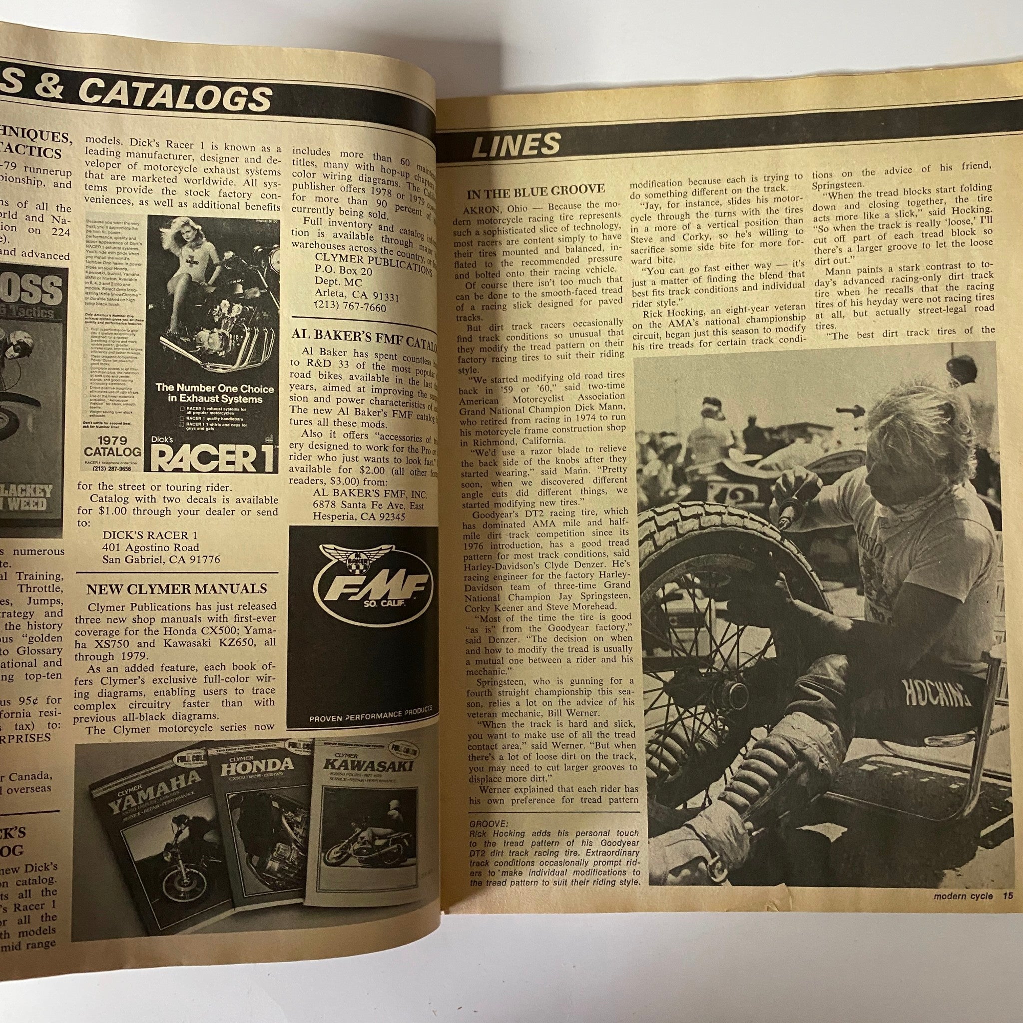 Page from Modern Cycle Magazine December 1979 Vol 15 No. 5 titled 'Lines in the Blue Groove' discussing motorcycle techniques and maintenance.